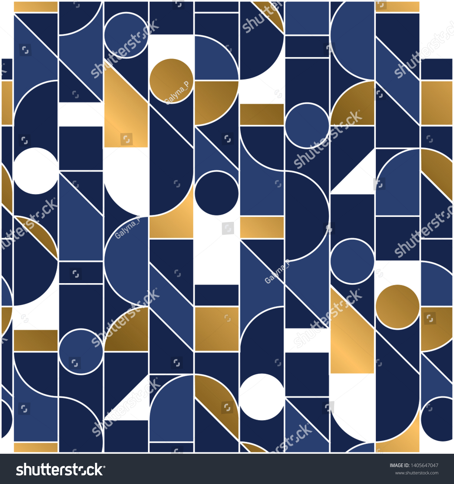 Luxury masculine marine blue and gold geometric outline shapes seamless pattern. Retro line geometry 70s chic repeatable motif for fabric, background, surface design, textile. Tile rapport vector #1405647047