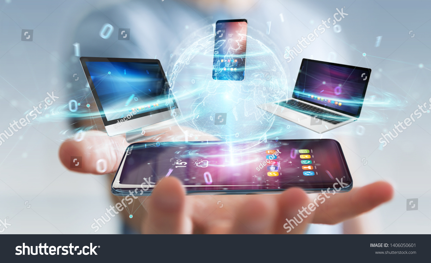 Modern devices connected to each other in businessman hand 3D rendering #1406050601