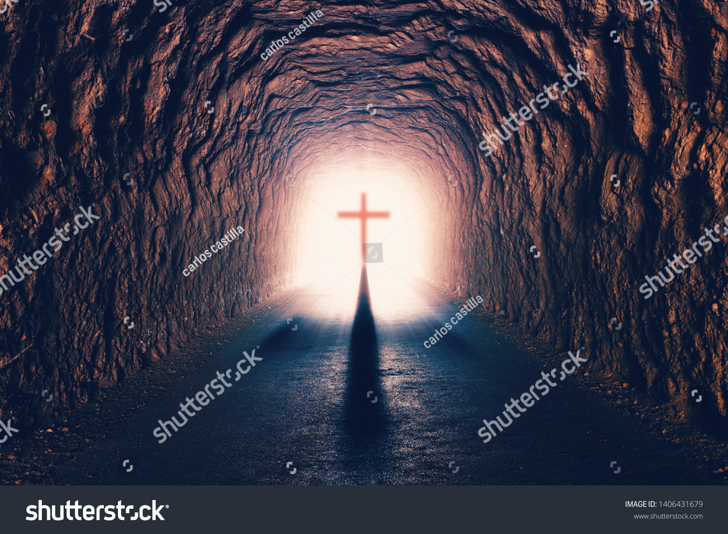 Science and religion. Christian religion. Illustration with cross of jesus christ and resurrection concept.Tunnel towards death
