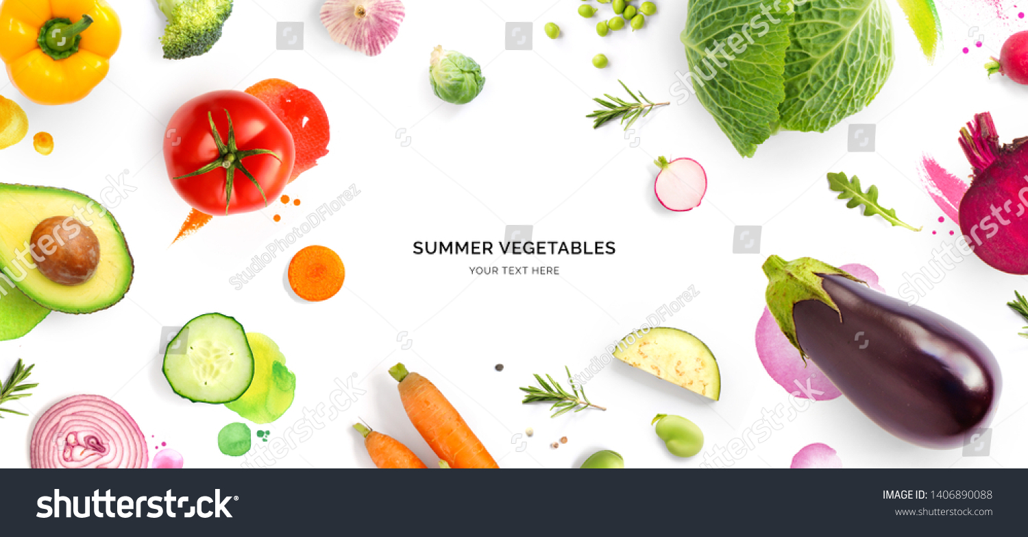 Creative layout made of tomato, cucumber, pepper, onion, carrot, beetroot, eggplant, cabbage, garlic, broccoli and green beans on the watercolor background. Flat lay. Food concept. #1406890088