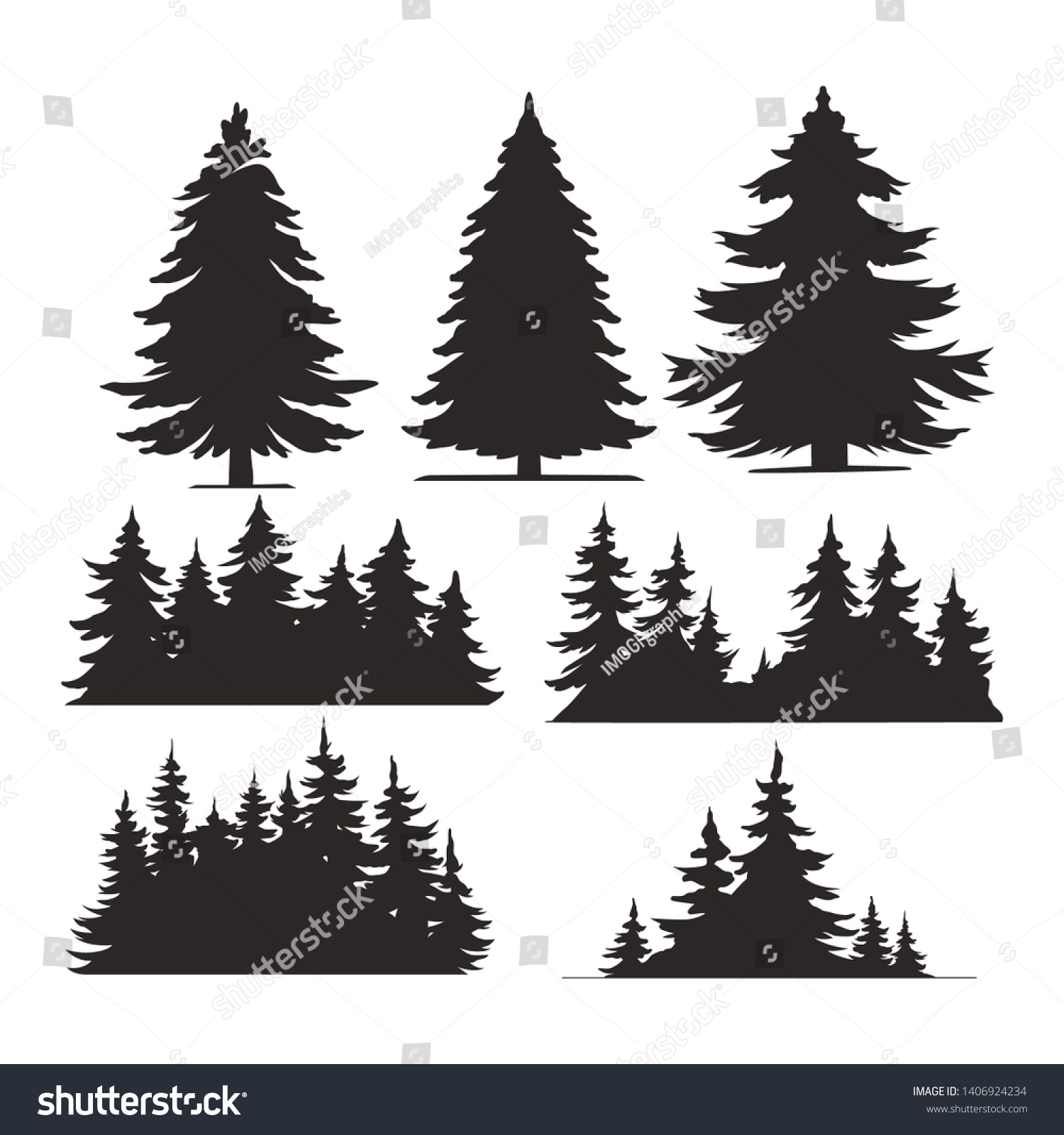 Vintage trees and forest silhouettes set in monochrome style isolated vector illustration #1406924234
