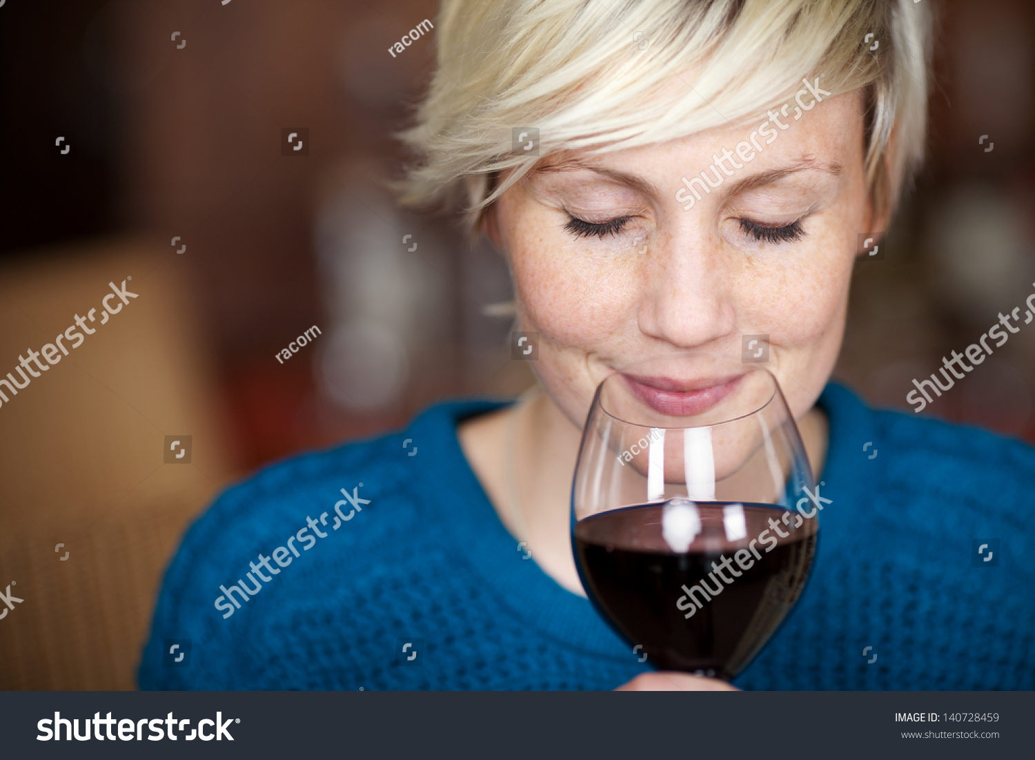 Closeup portrait of young female customer drinking red wine with eyes closed #140728459