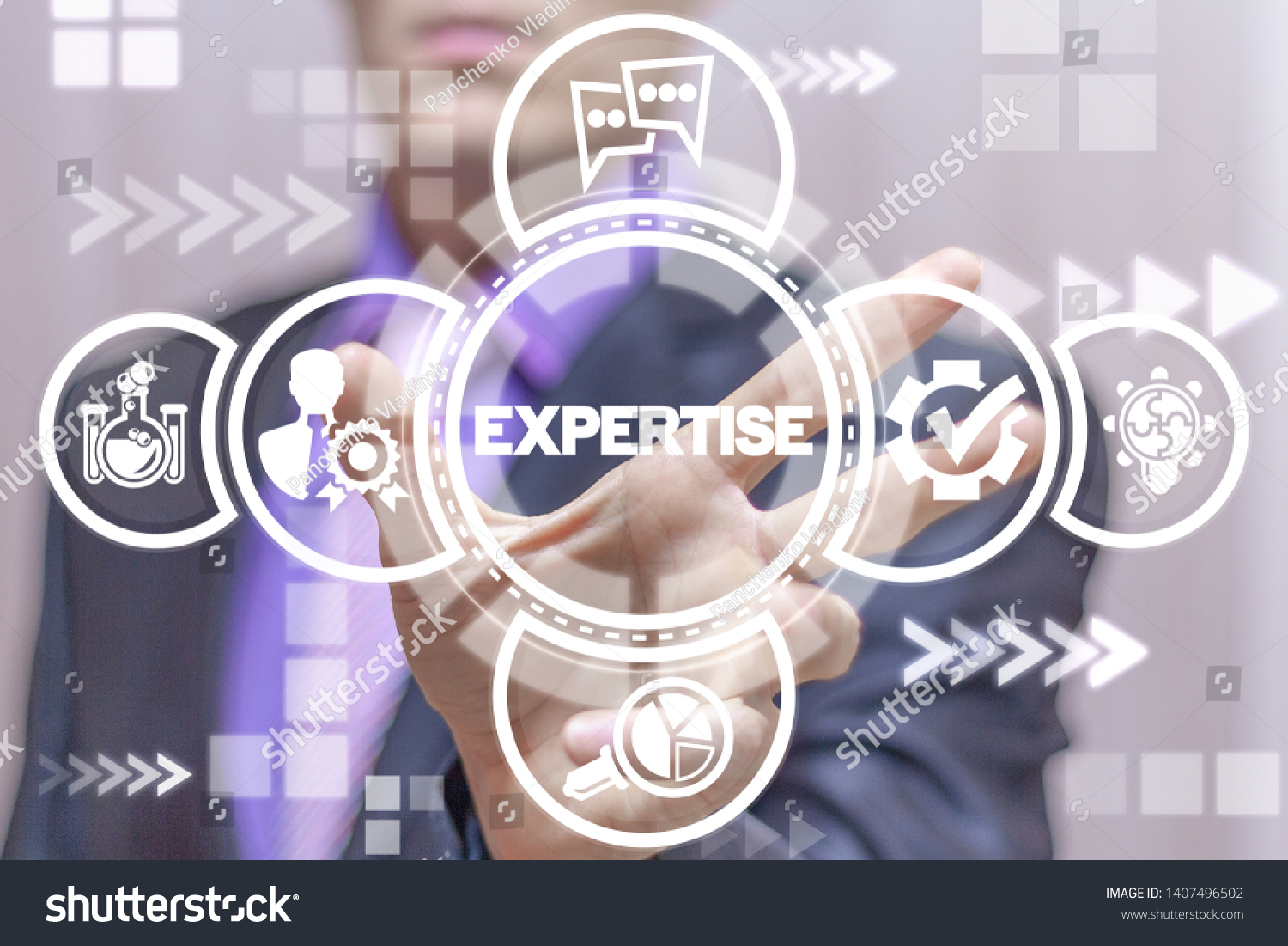 Expert uses on a virtual screen of the future and sees the word: EXPERTISE. Expertise Business Professional Support Review concept. #1407496502