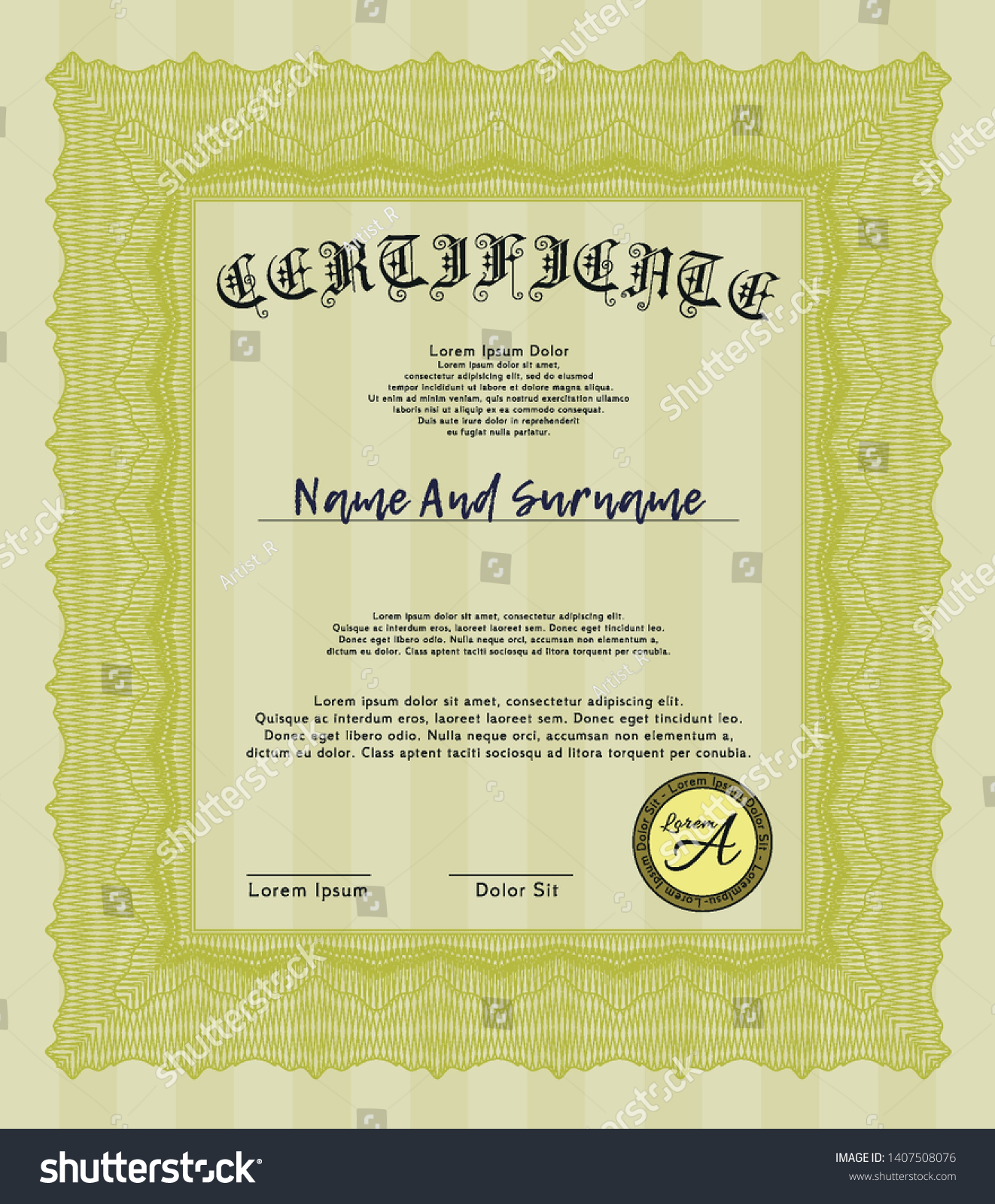 Yellow Certificate or diploma template. Sophisticated design. Detailed. With background.  #1407508076