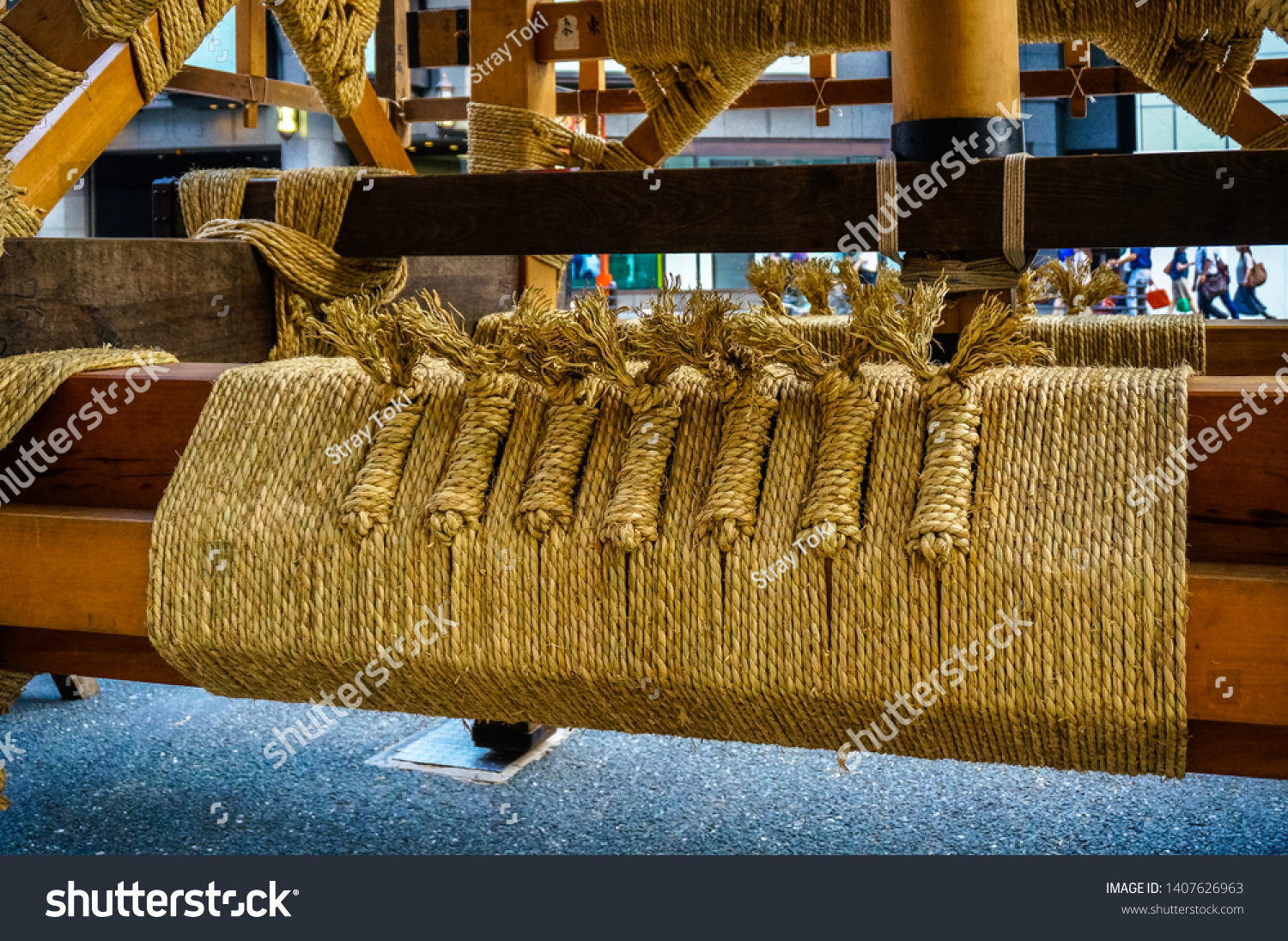 Construction details of Hoko float for the annual Gion Matsuri festival in Kyoto, Japan. Giant floats are built without nails but are holding on the elaborately tied ropes instead #1407626963