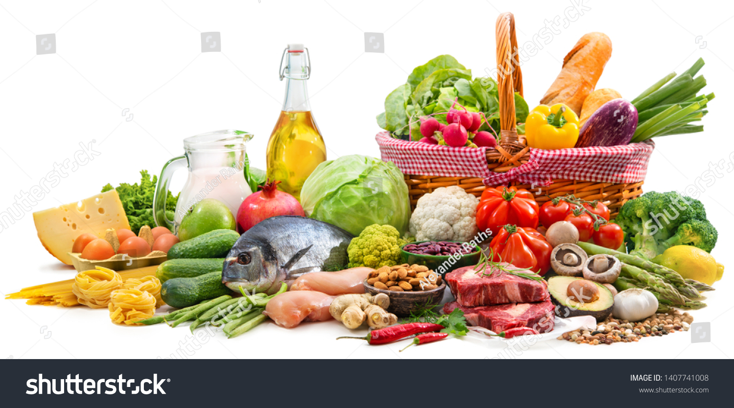 Balanced diet food background. Selection of various paleo diet products for healthy nutrition  #1407741008