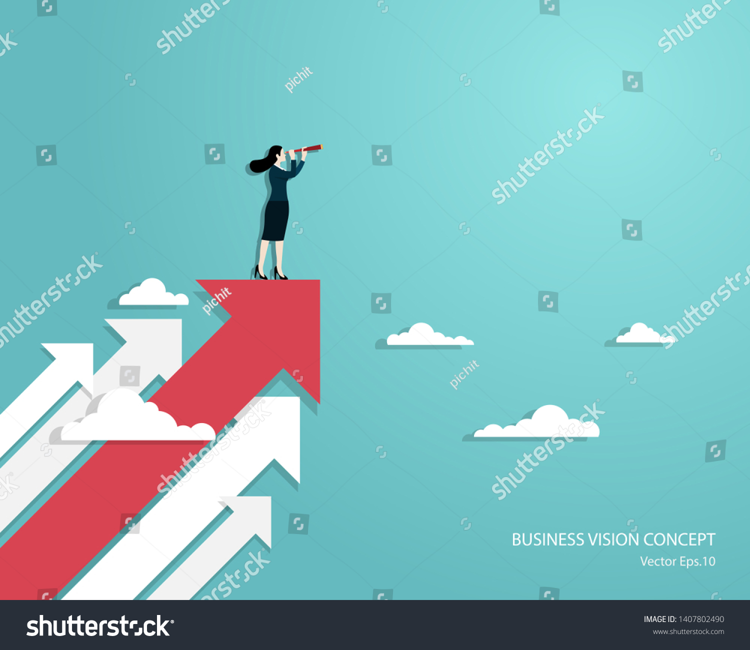 Business vision and target, Business woman holding telescope standing on red arrow up go to success in career. Concept business, Achievement, Character, Leader, Vector illustration flat #1407802490