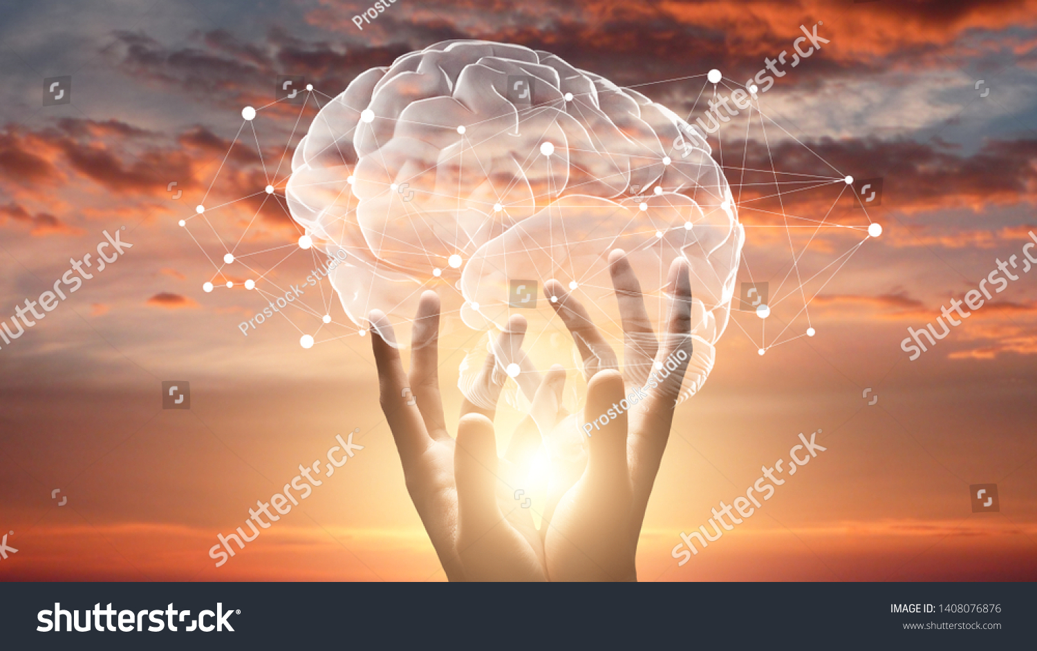 Mind and mental health. Female hands touching brain with network connections, sunset sky background #1408076876