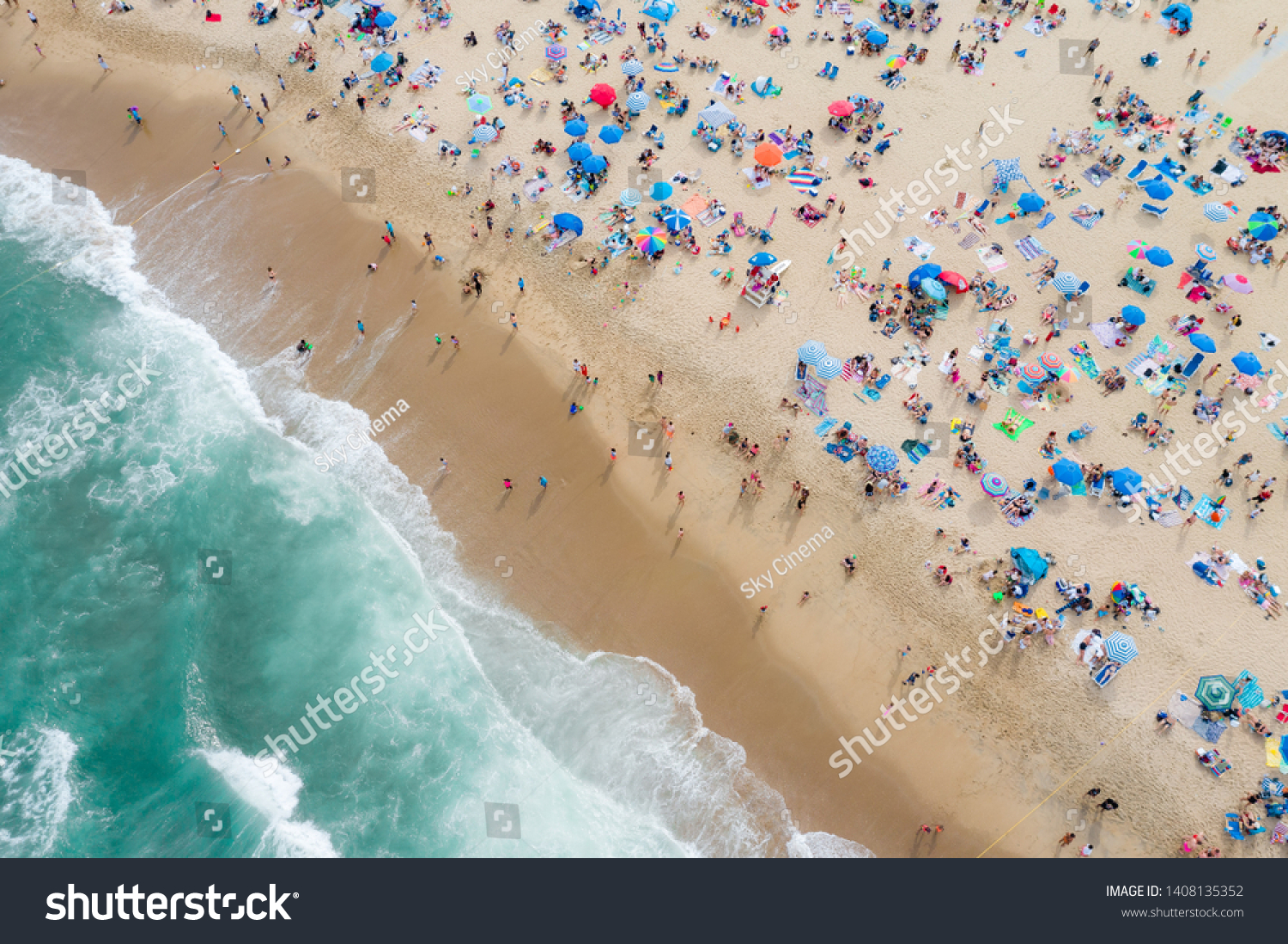 Aerial view of beach goers in Asbury Park, New Jersey on Memorial Day Weekend 2019 #1408135352