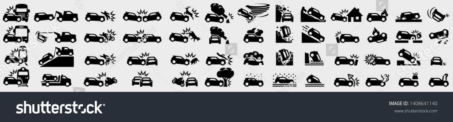 Simple Set of Car Accident Related Vector Icons.  Frontal Collision, Broken Car, Damaged Elements and more. Various types of accidents involving: car, truck, bus, train, motorbike, scooter, bicycle... #1408641140