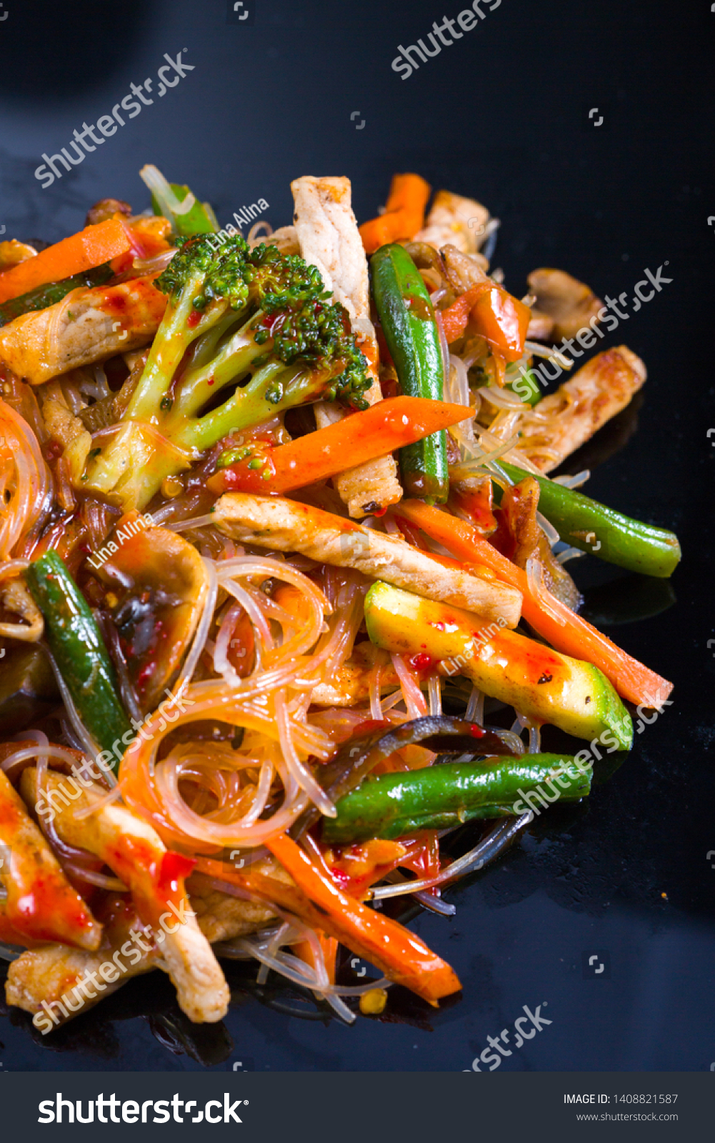 Asian vegetables and beef chicken meat noodles. Restaurant menu #1408821587