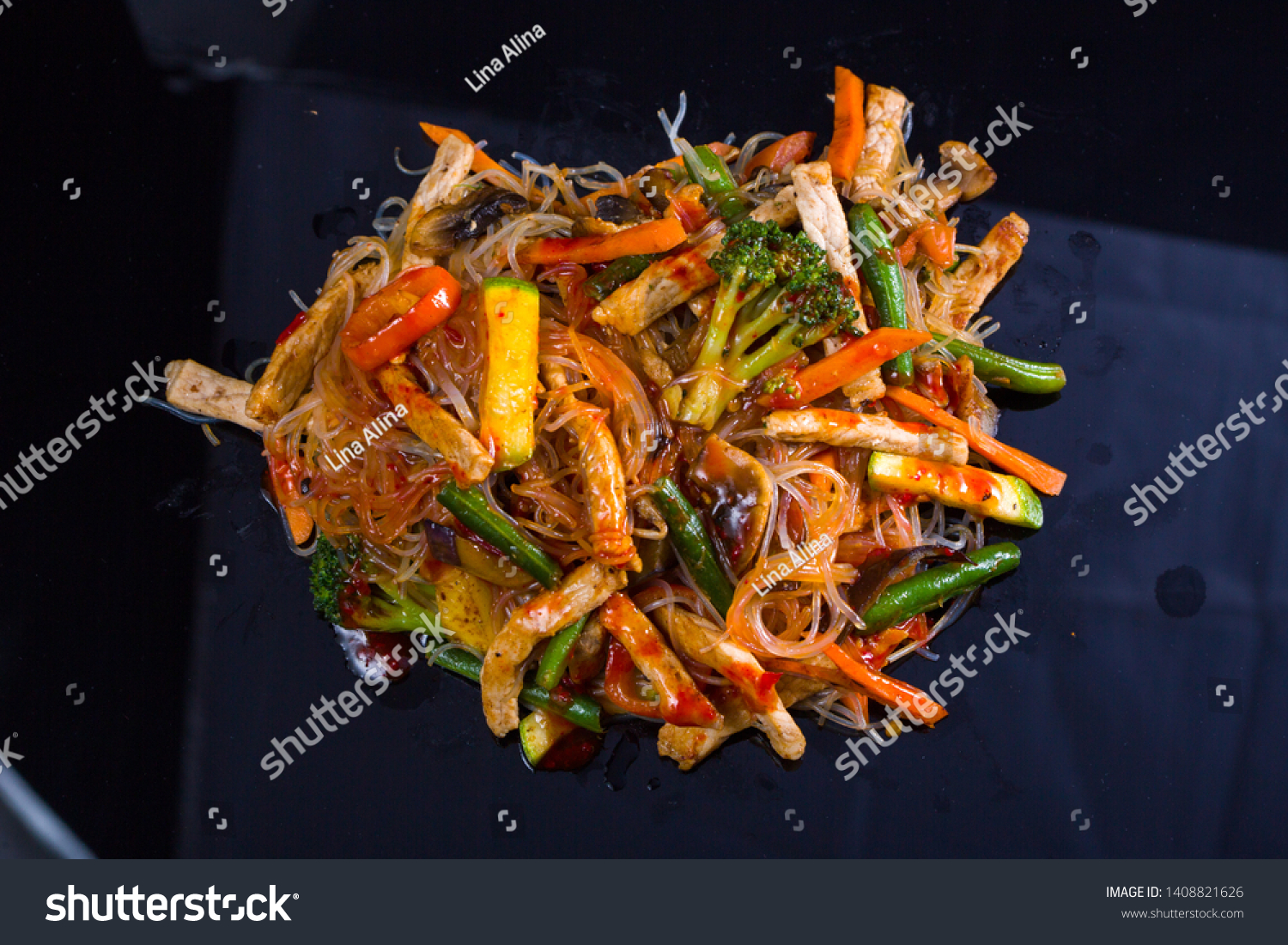 Asian vegetables and beef chicken meat noodles. Restaurant menu #1408821626