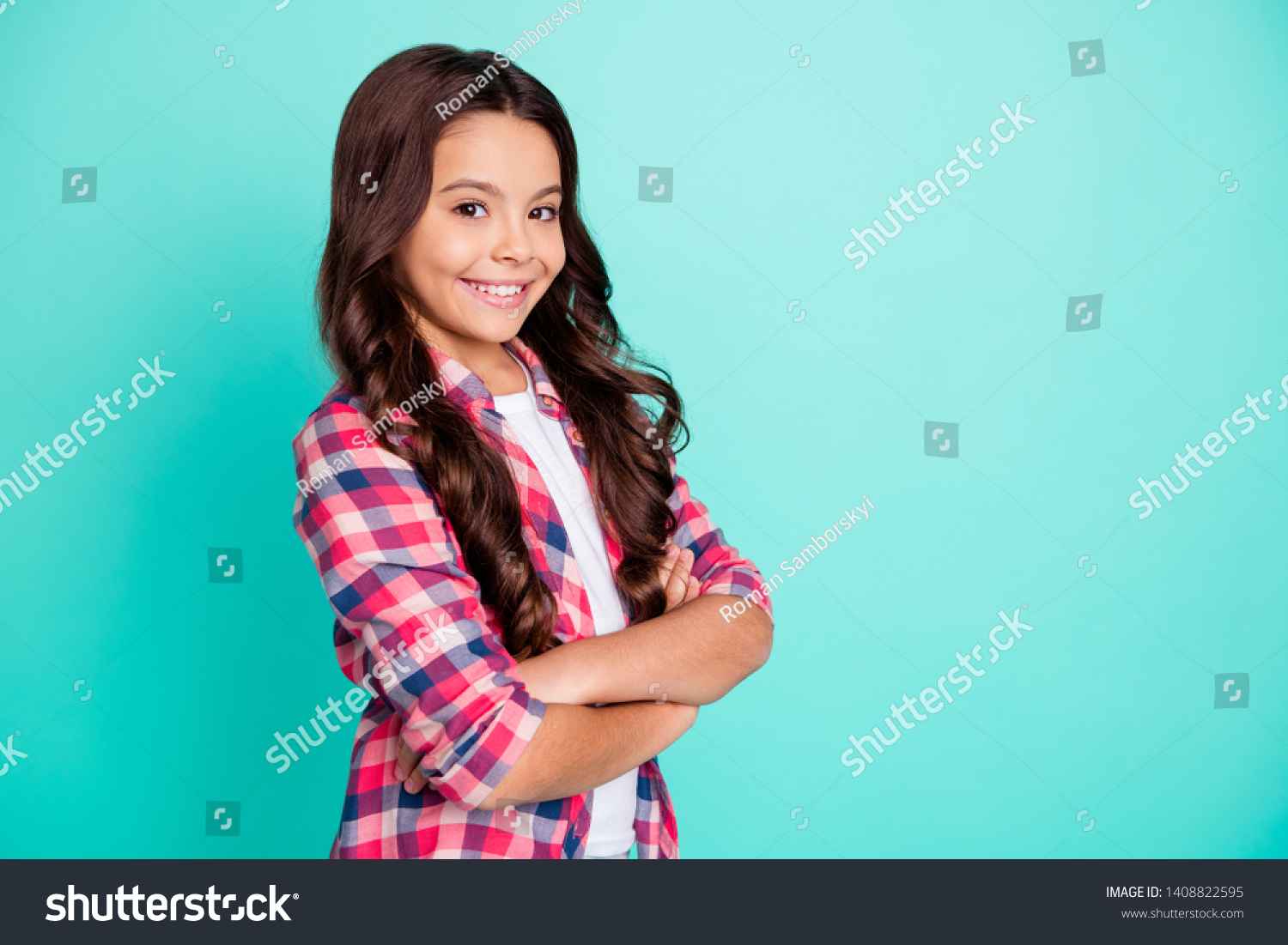 Portrait of elegant magnificent people little person good-looking ready study future leader  can do everything candid content rest weekend free time dressed checked shirt isolated teal background #1408822595