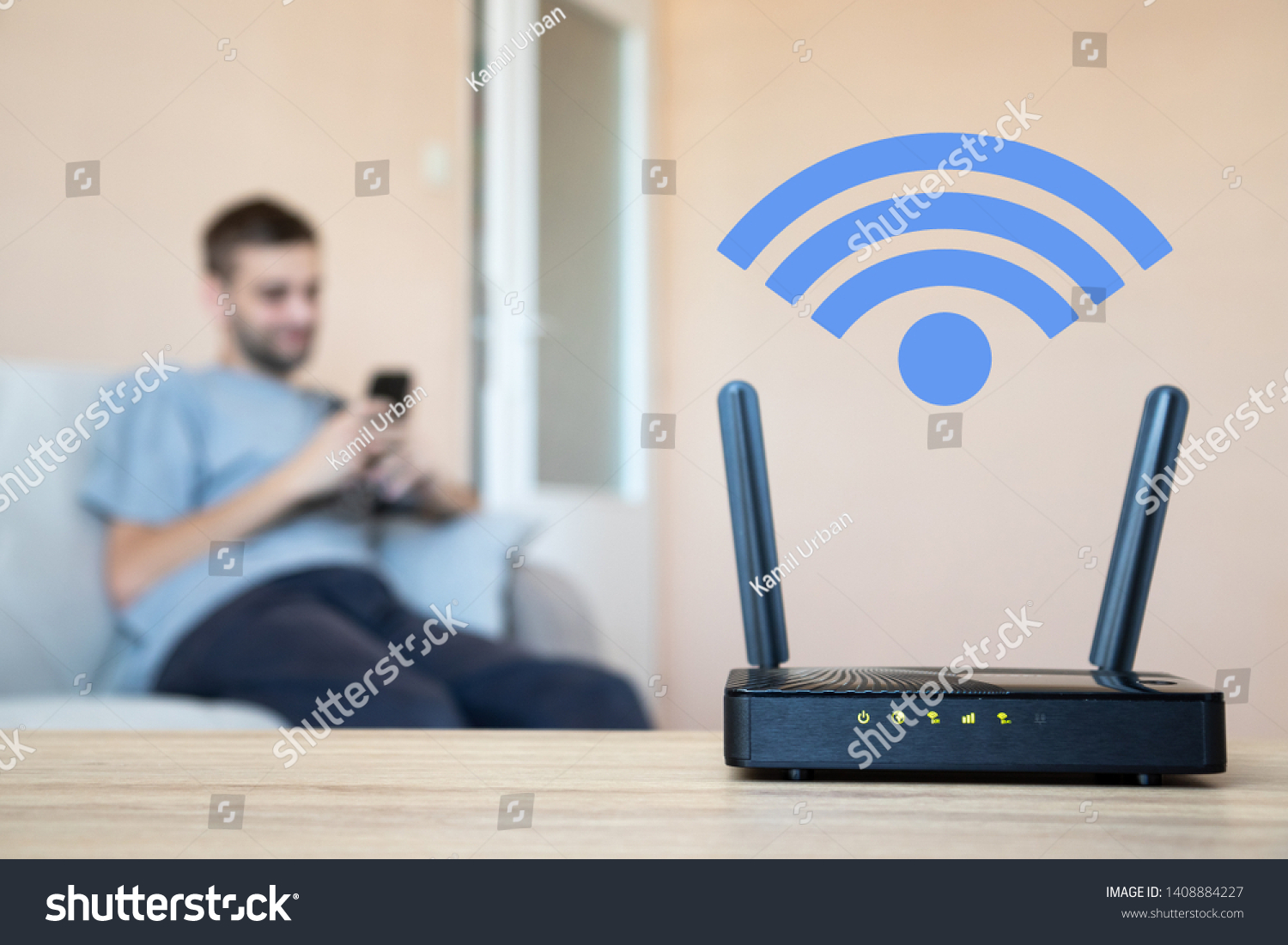 Wifi modem. Young man surfs the internet. Version 2 - wifi symbol. #1408884227