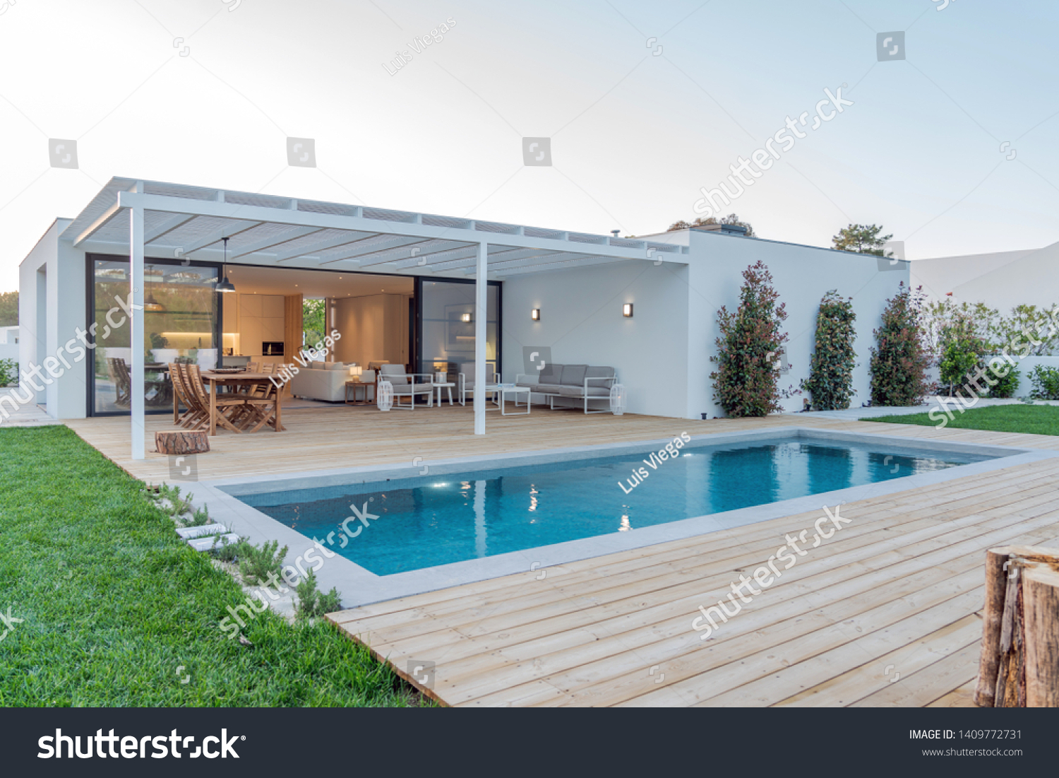 Modern villa with pool and deck with interior #1409772731
