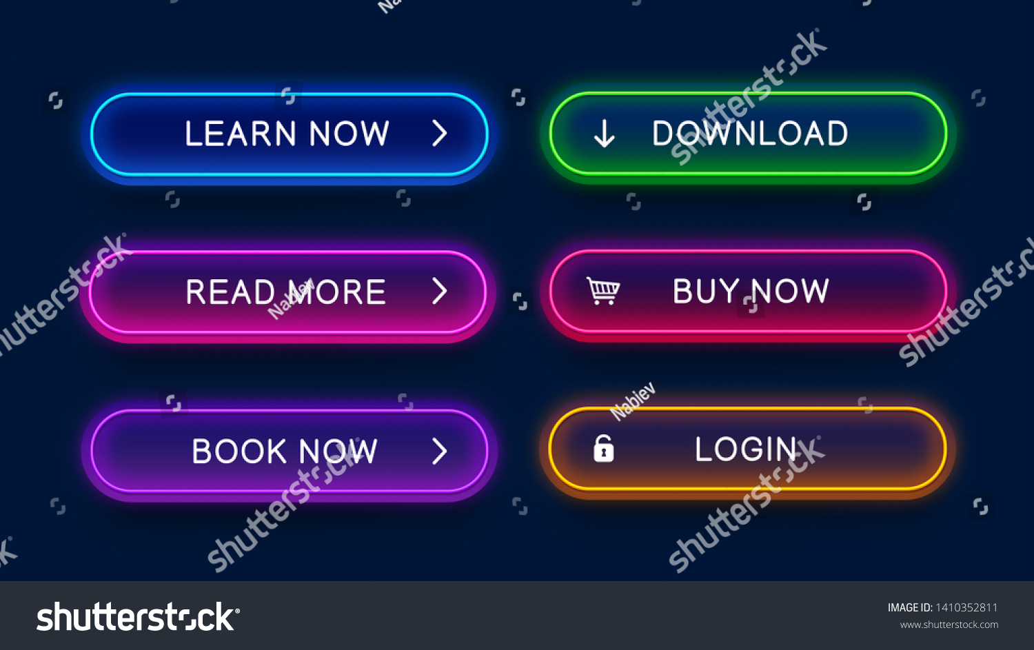 Trendy, glowing, neon buttons for web design. Bright, abstract, vector, neon buttons isolated on dark background. Ready design for use in web direction. #1410352811