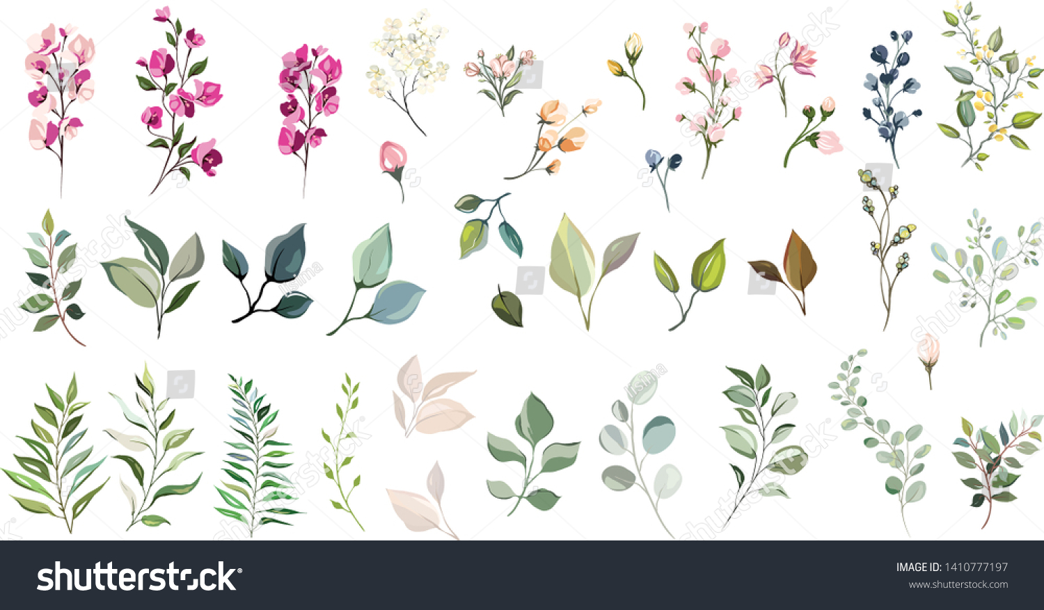 Set of floral elements. Flower and green leaves. Wedding concept - flowers. Floral poster, invite. Vector arrangements for greeting card or invitation design #1410777197