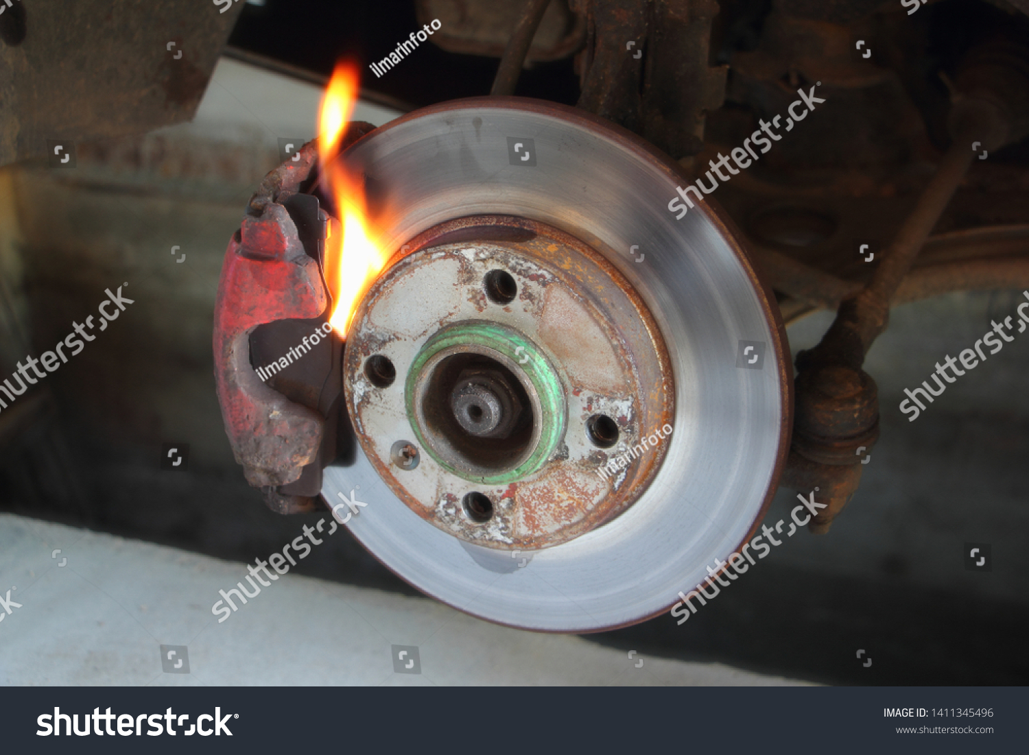 Unvented car brakes on fire, danger of overheat brake system #1411345496