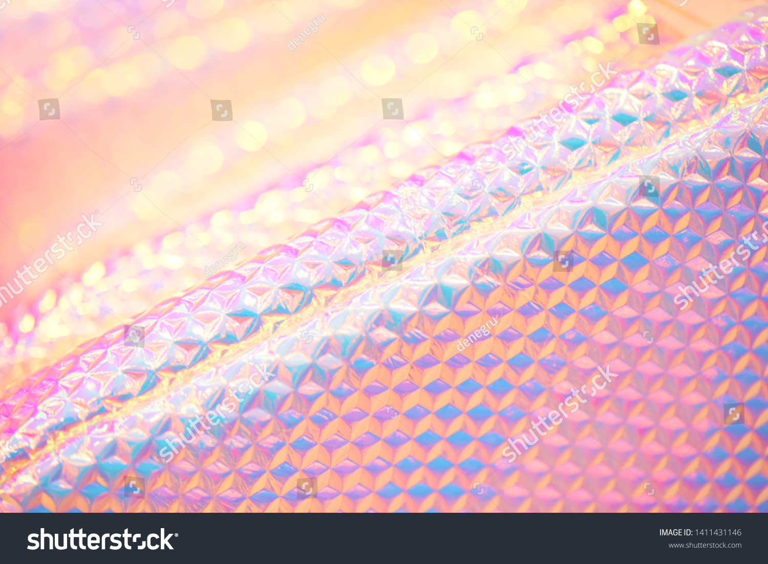 Holographic happy pastel rainbow  candy colored abstract wallpaper background texture with bright hexagon pattern and diagonal lines #1411431146