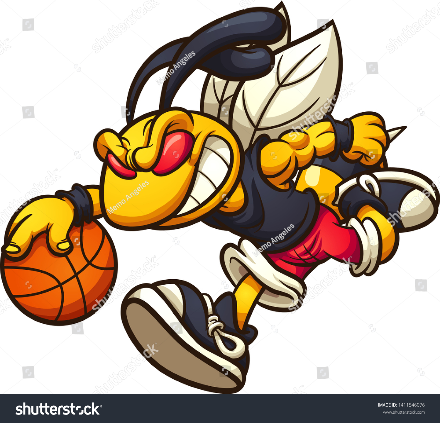 Hornet mascot running and playing basketball clip art. Vector illustration with simple gradients. Some elements on separate layers. 
 #1411546076