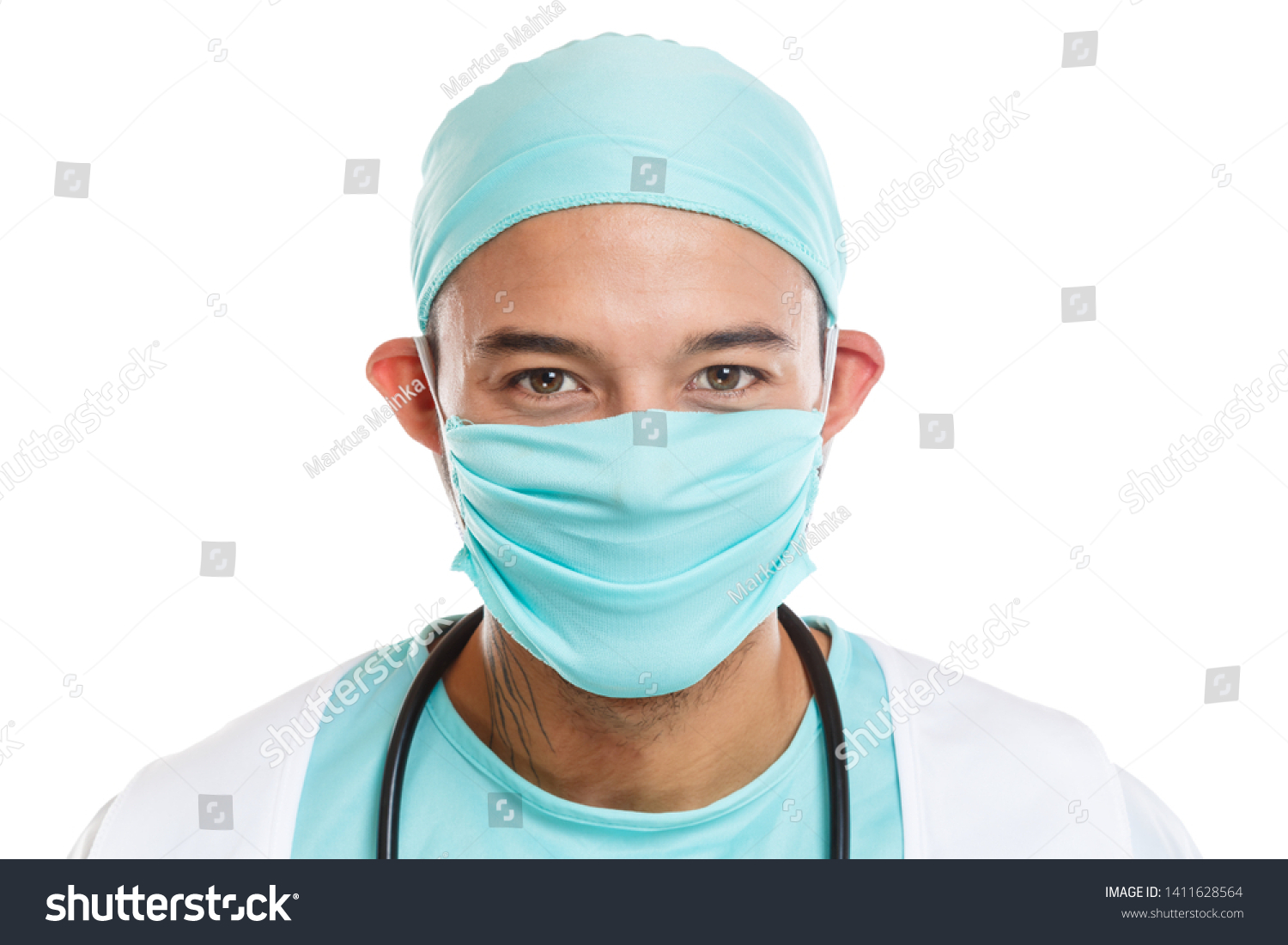 Young doctor portrait with mouthguard occupation education man job isolated on a white background #1411628564