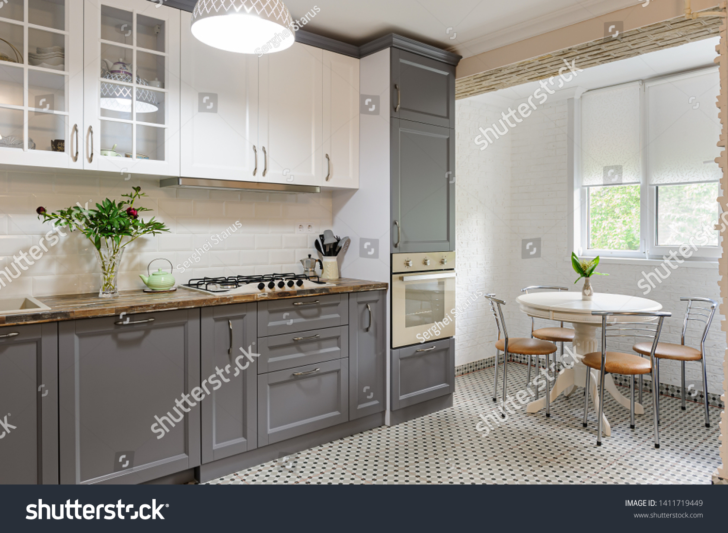 interior of modern luxury grey and white wooden kitchen #1411719449