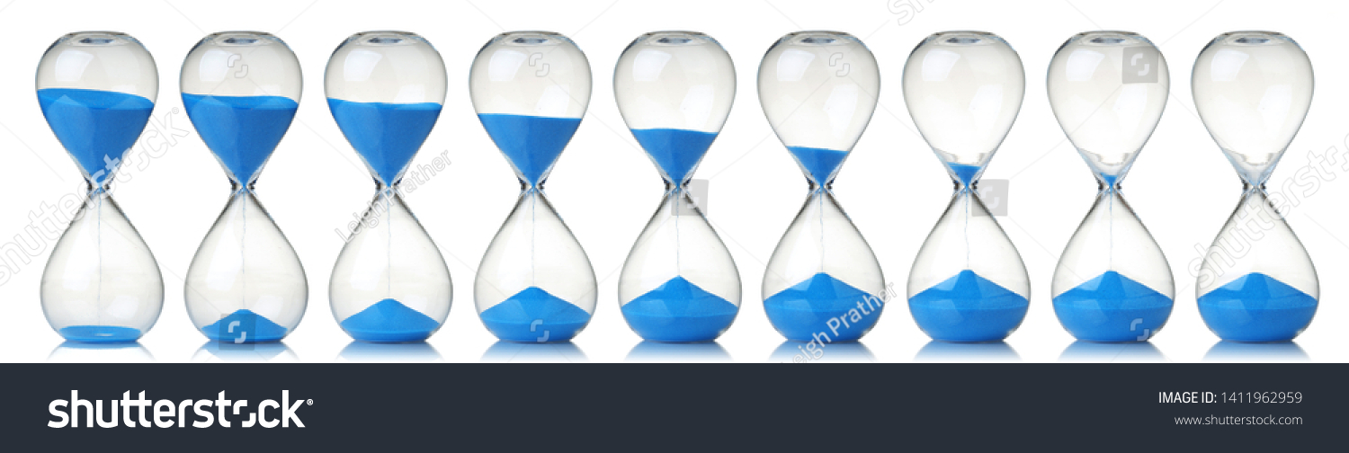 Collection of hourglasses with blue sand showing the passage of time #1411962959