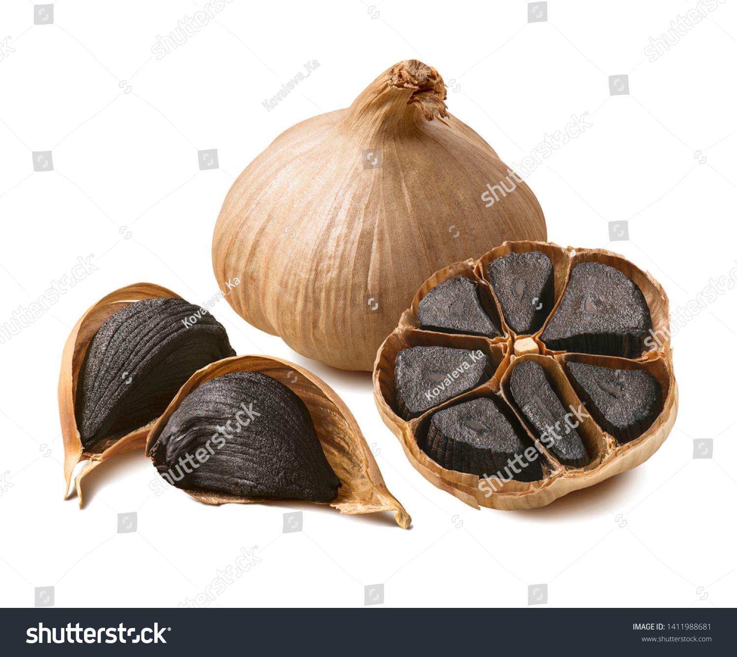 Tasty black garlic isolated on white background. Package design element with clipping path #1411988681