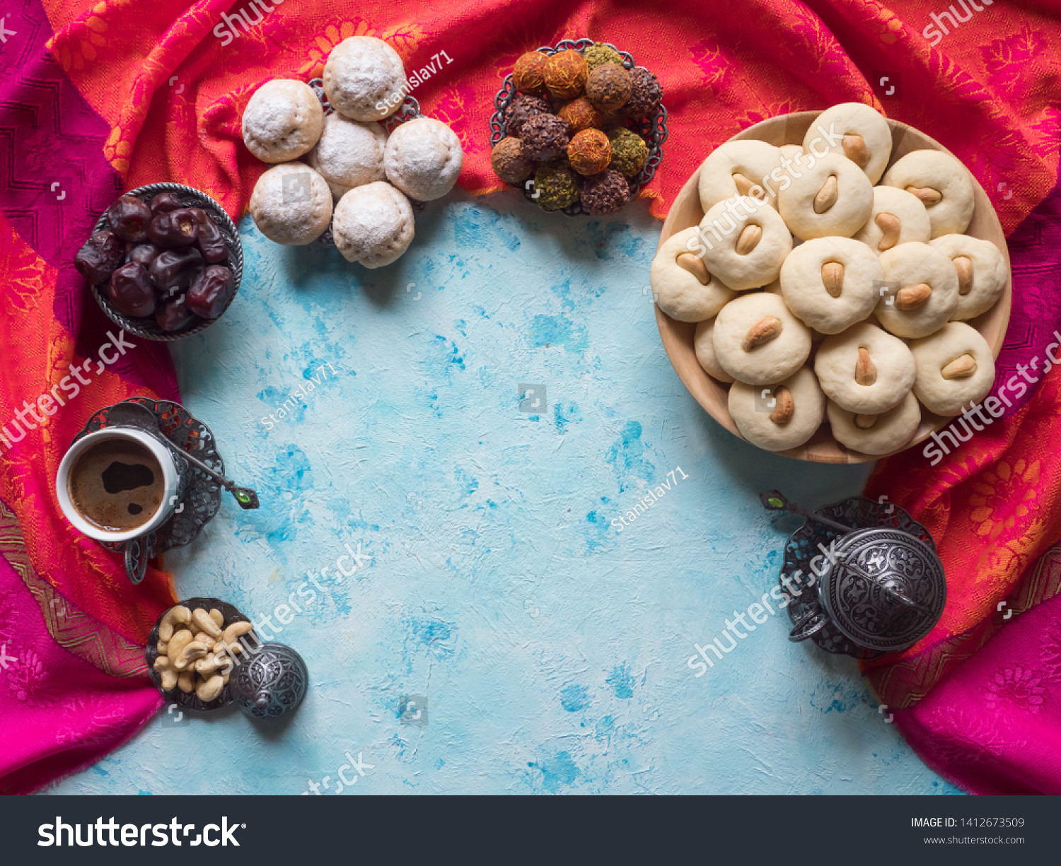 Ramadan food background. Eid eats. Ghorayeba sweets. Cookies of El Fitr Islamic Feast. #1412673509