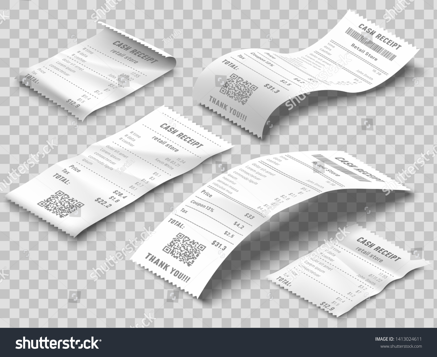 Isometric receipts bill. Printed billing receipt, payment bills and financial bank check print isolated realistic 3d vector set #1413024611