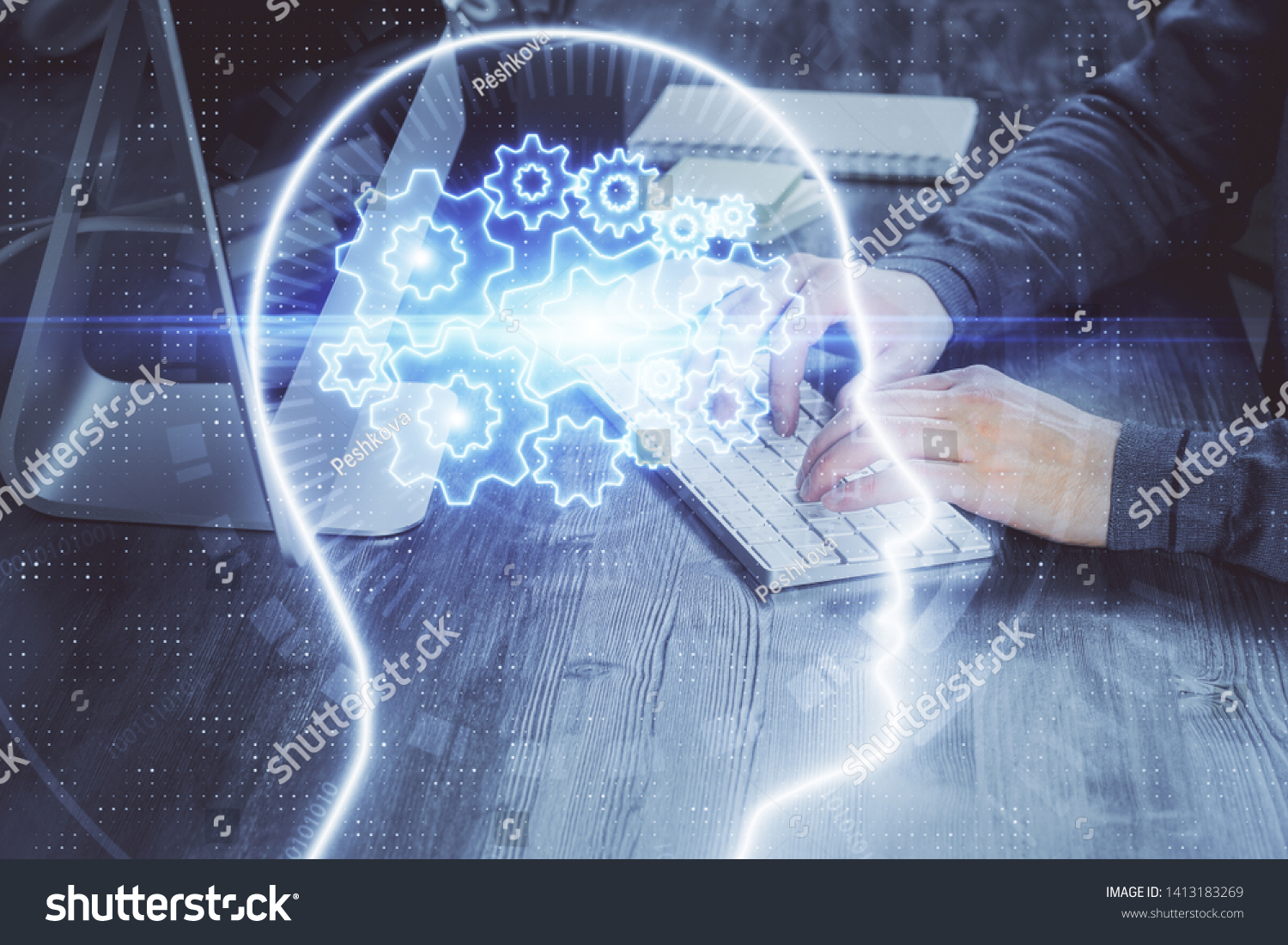 Man typing on keyboard background with brain hologram. Concept of big Data. Double exposure. #1413183269