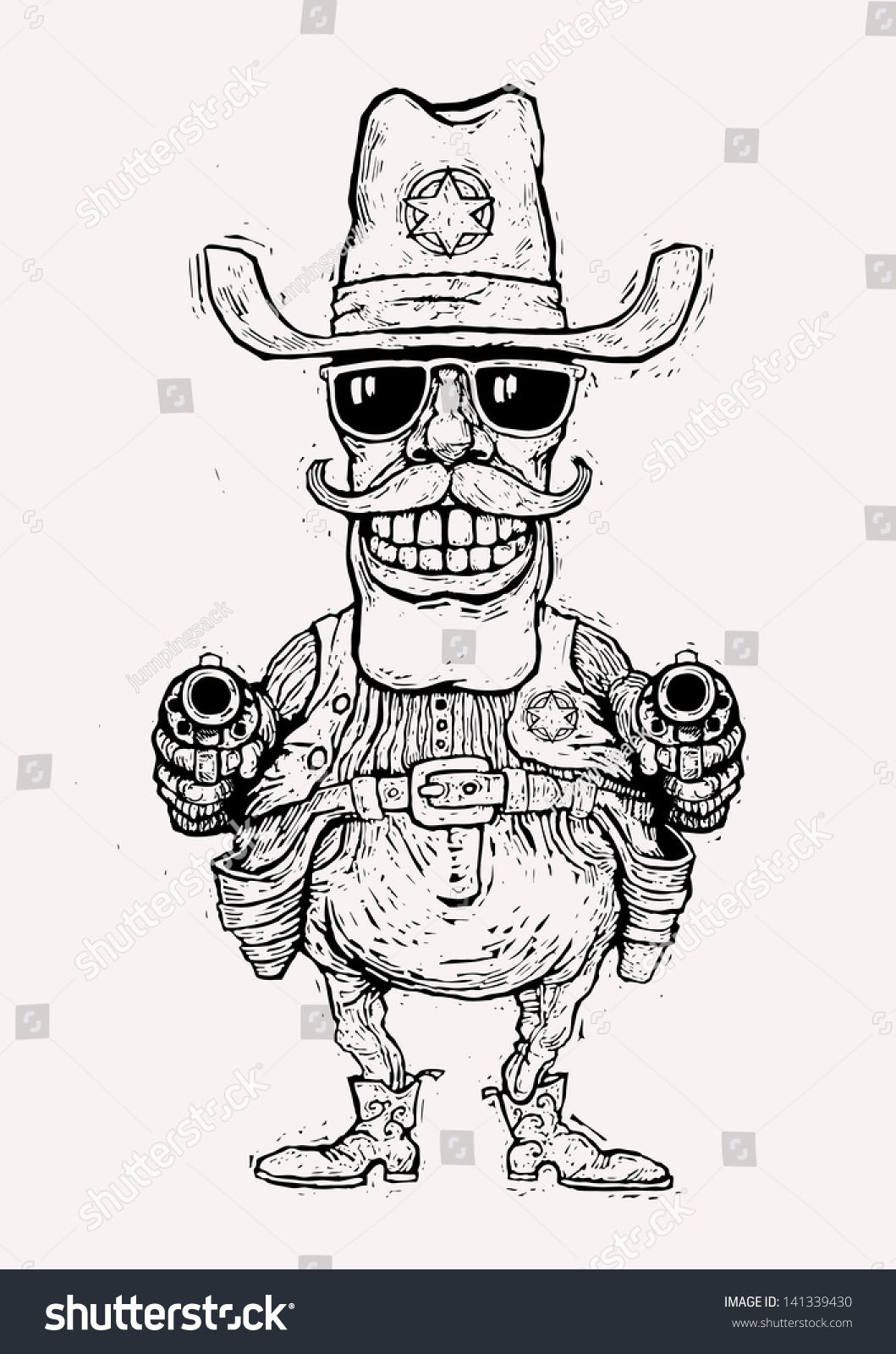 Sheriff smiling with two revolvers. funny character. linocut style. vector illustration #141339430