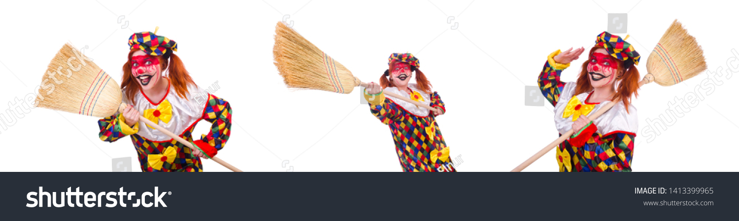 Clown with broom isolated on white #1413399965