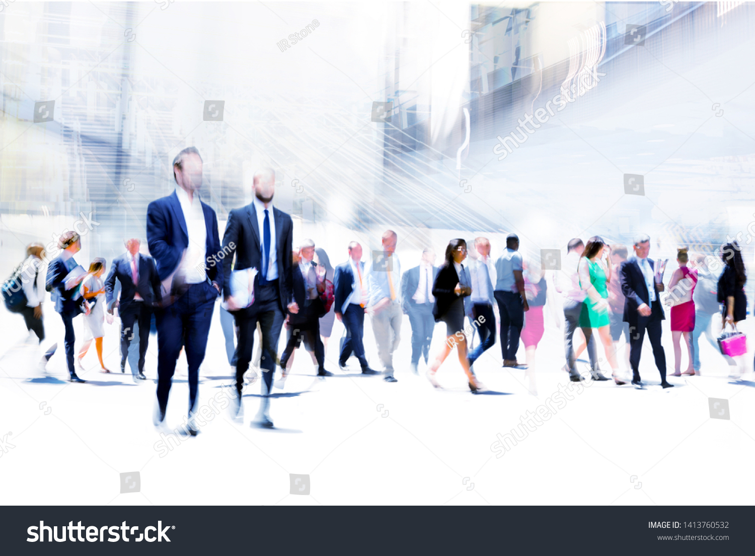 Business people rushing in the City of London against on the skyscrapers. Beautiful abstract blurred image representing modern business life, success, moving concept. #1413760532