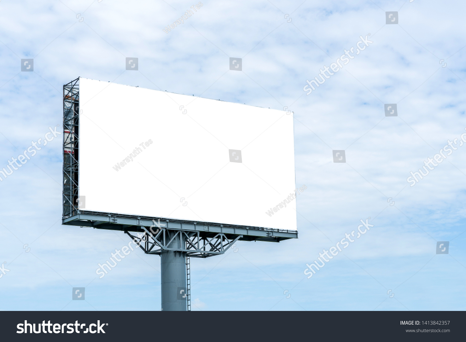 Blank billboard mockup with white screen against clouds and blue sky background. Copy space banner for advertisement. Business Concept.  #1413842357