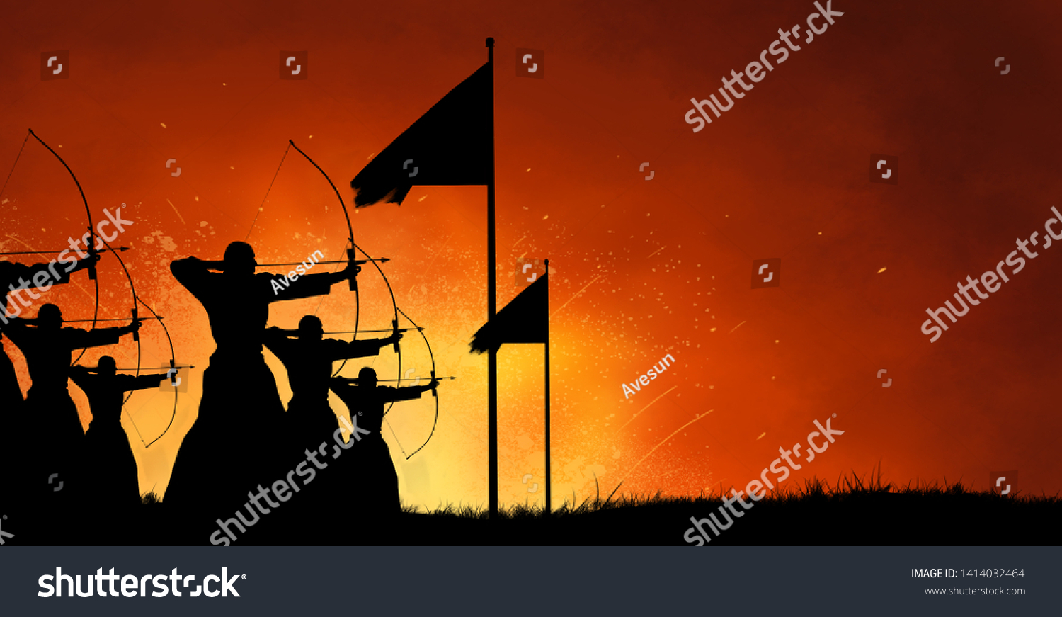 Abstract fantasy silhouette design art of group of ancient warriors firing arrows with bows at the battlefield with fire blast battle in the background #1414032464