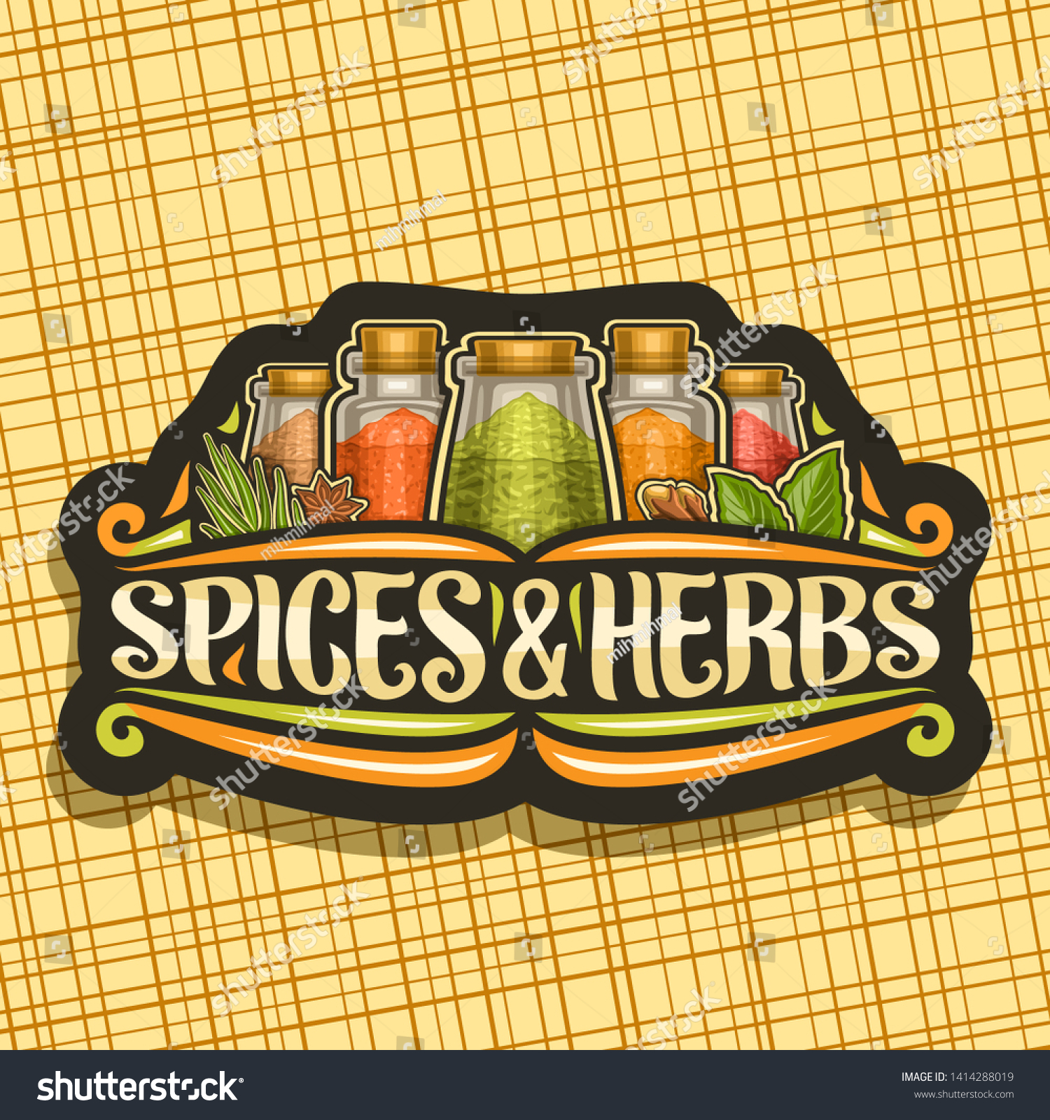 Vector logo for Spices and Herbs, black decorative signboard with illustration of set fresh indian seasonings in glass boxes, vintage flourishes and original brush typeface for words spices & herbs. #1414288019