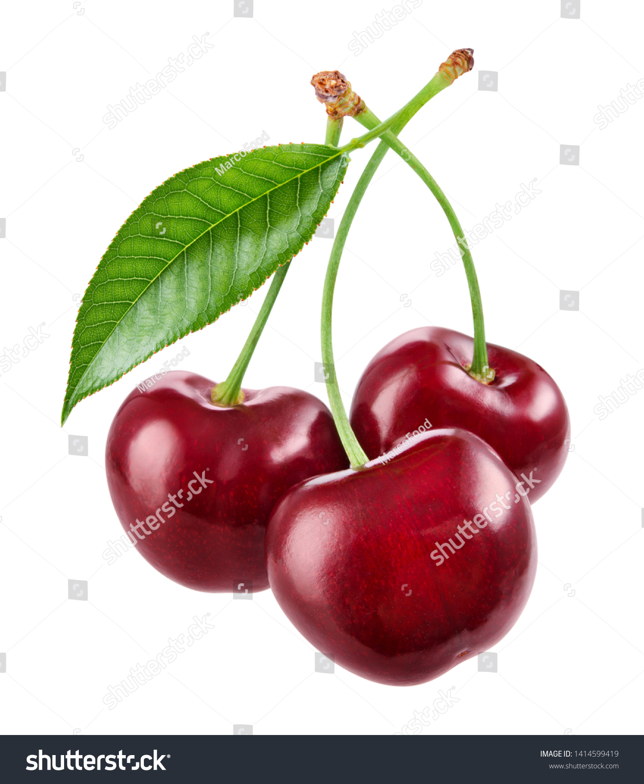 Cherry isolated. Cherries on white. Cherries with leaf. With clipping path. #1414599419