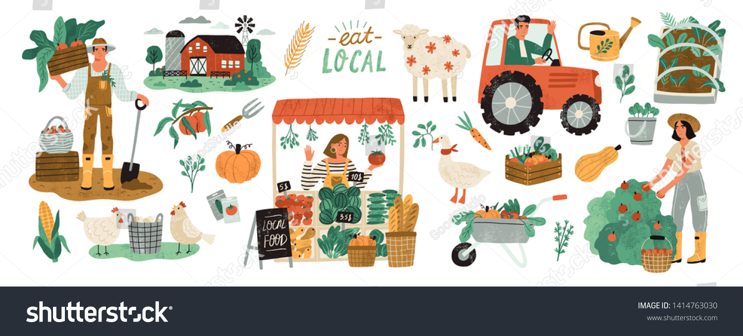 Local organic production set. Agricultural workers planting and gathering crops, working on tractor, farmer selling fruits and vegetables, farm animals, farmhouse. Flat cartoon vector illustration. #1414763030