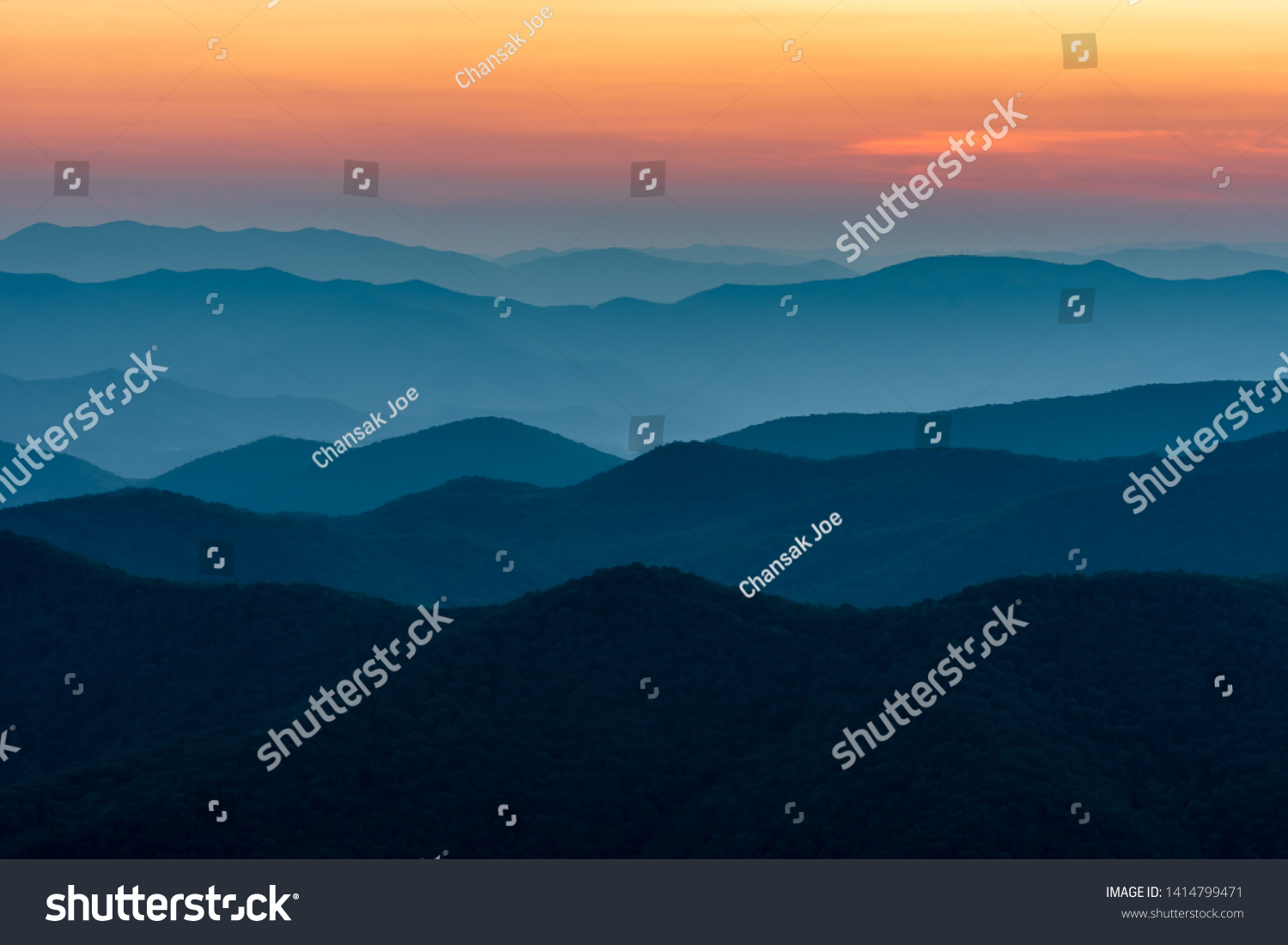 Scenic drive from Cowee Mountain Overlook on Blue Ridge Parkway at sunset time. #1414799471