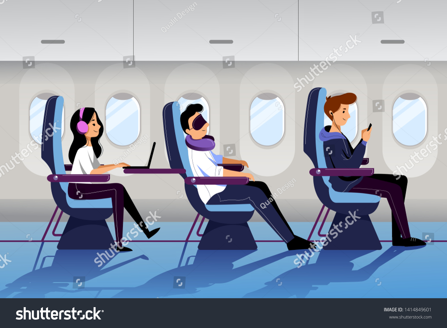 People travel by airplane in economy class. Plane interior with sleeping and working passengers. Vector flat cartoon illustration. #1414849601