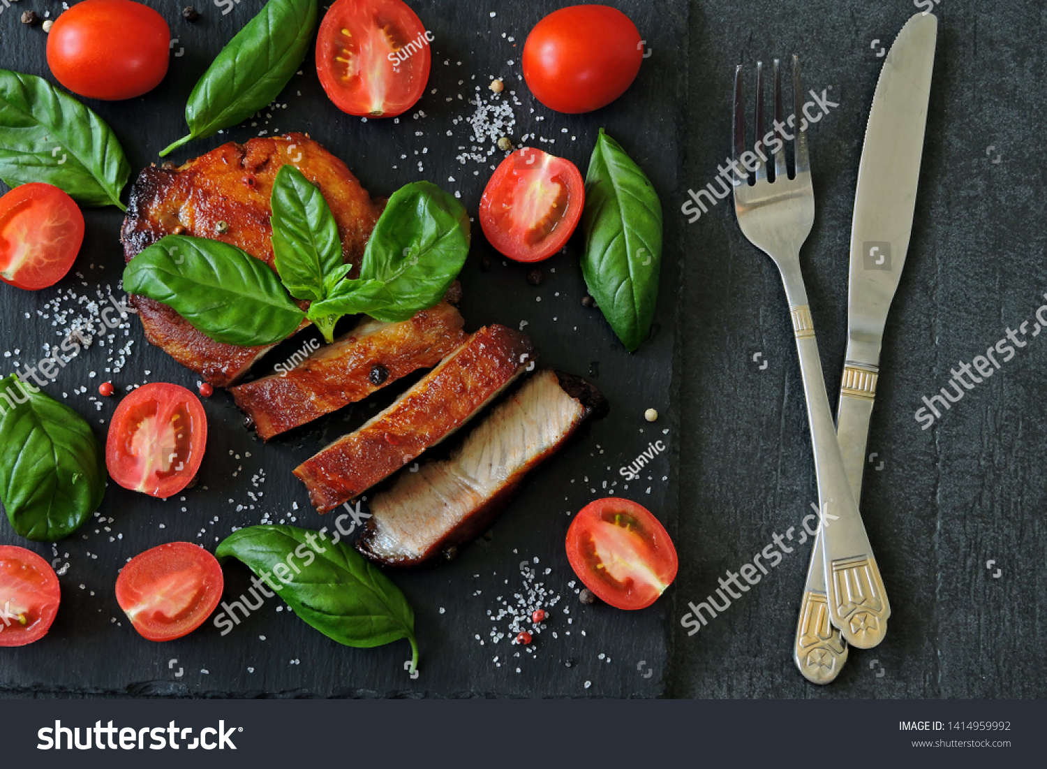 Pork steak with basil and tomatoes. Keto diet. Paleo diet. Pegan Diet. #1414959992