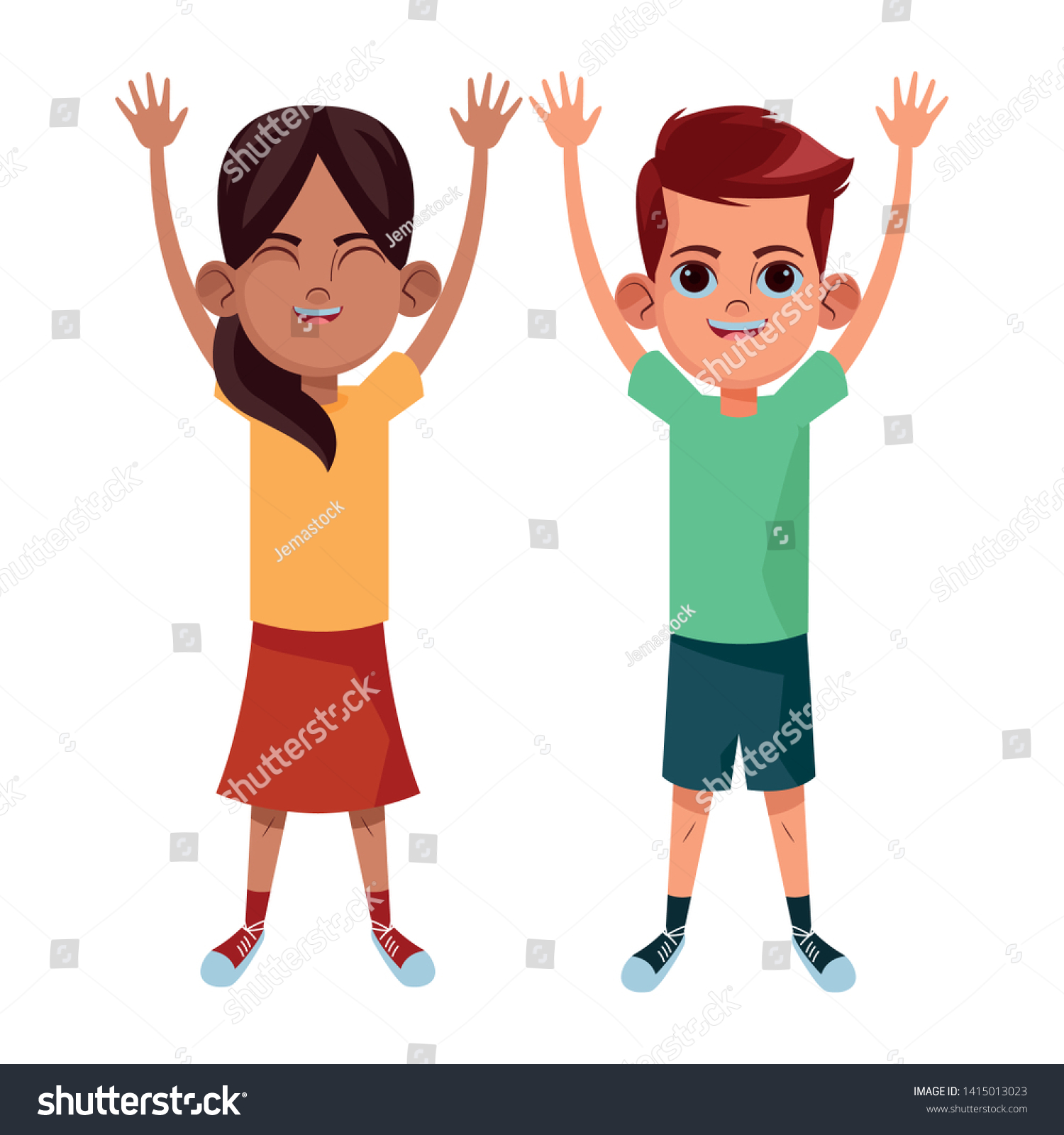 two young little kids girl and boy with hands up - Royalty Free Stock ...
