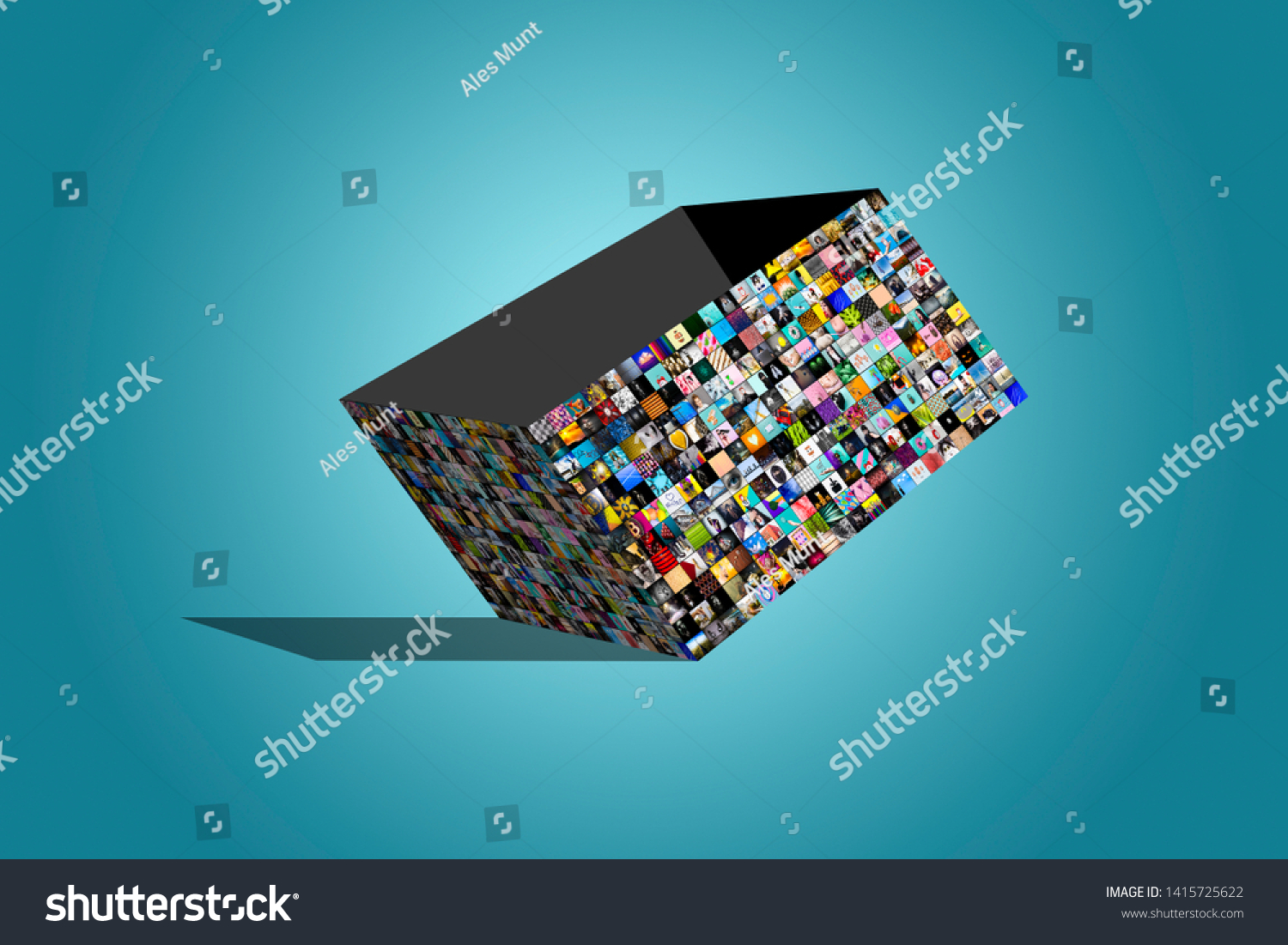 Big opened multimedia  box made from a variety of different images, over blue background #1415725622