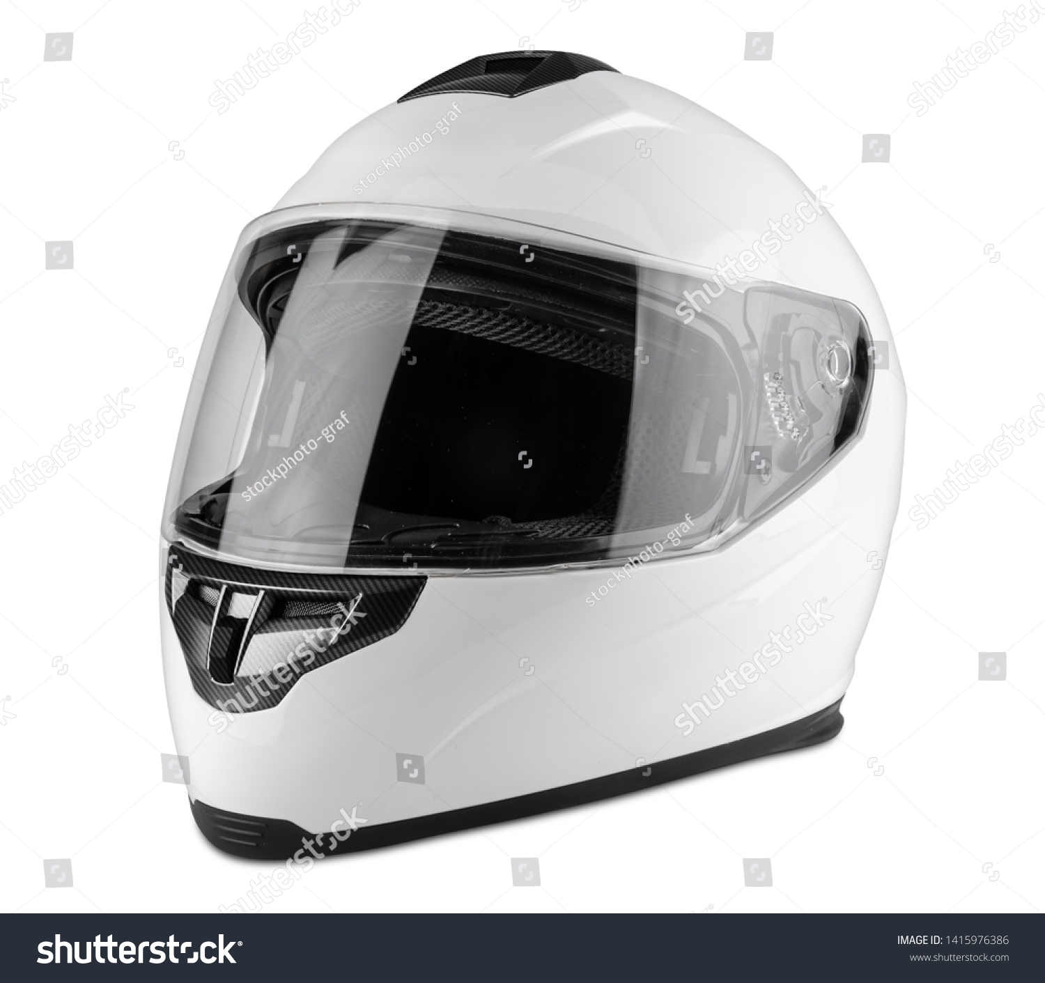 White motorcycle carbon integral crash helmet isolated on white background. motorsport car kart racing transportation safety concept #1415976386
