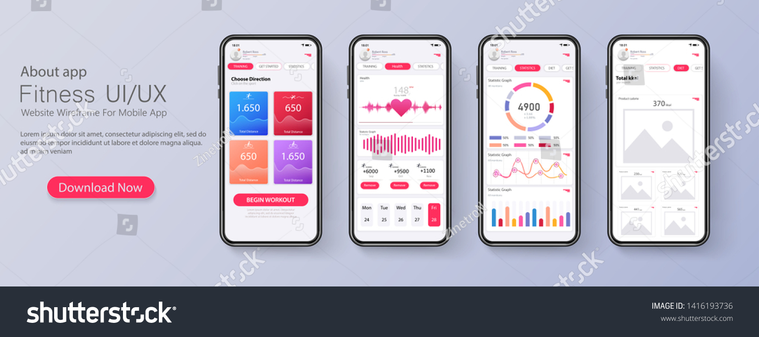 Different UI, UX, GUI screens fitness app and flat web icons for mobile apps, responsive website including. Web design and mobile template. Fitness interface design for mobile application. Vector #1416193736