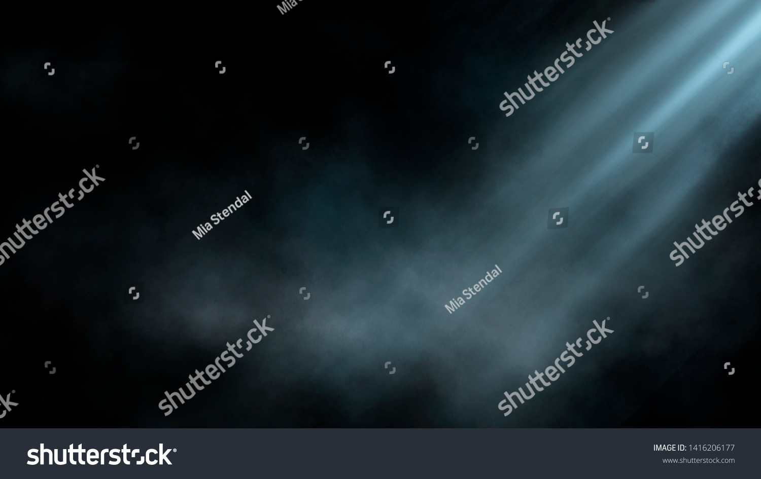Empty street scene background with abstract spotlights light. Night view of street light reflected on water. Rays through the fog. Smoke, fog, wet asphalt with reflection of lights.  #1416206177