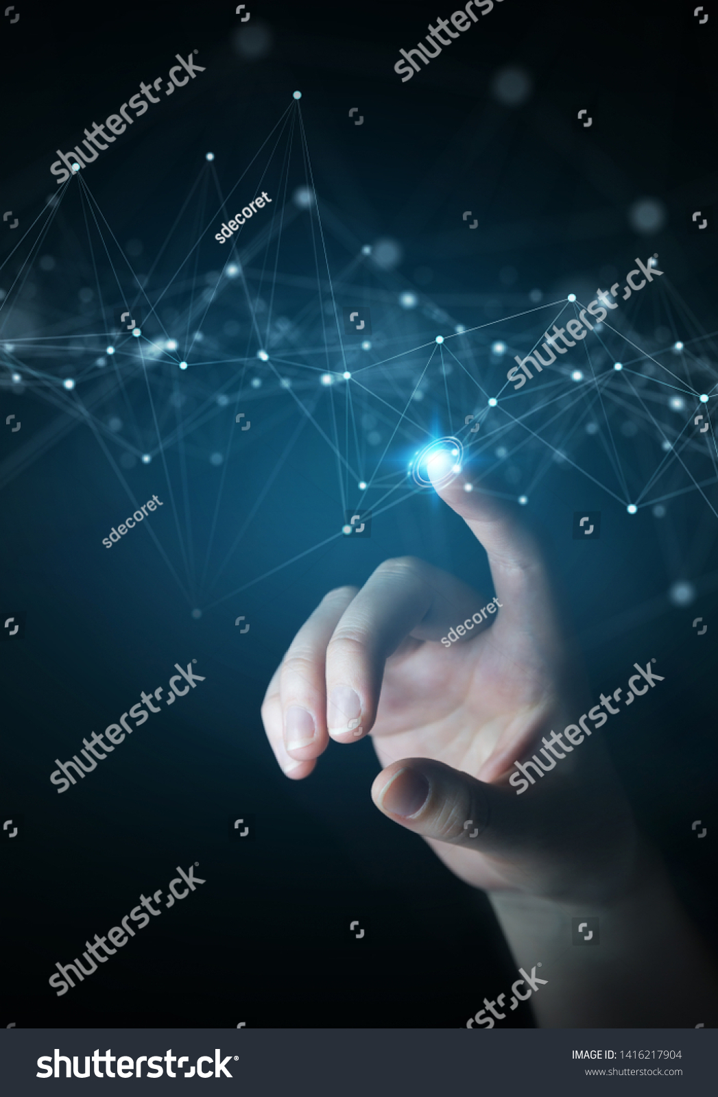 Businessman on dark background using floating digital network connections with dots and lines 3D rendering #1416217904