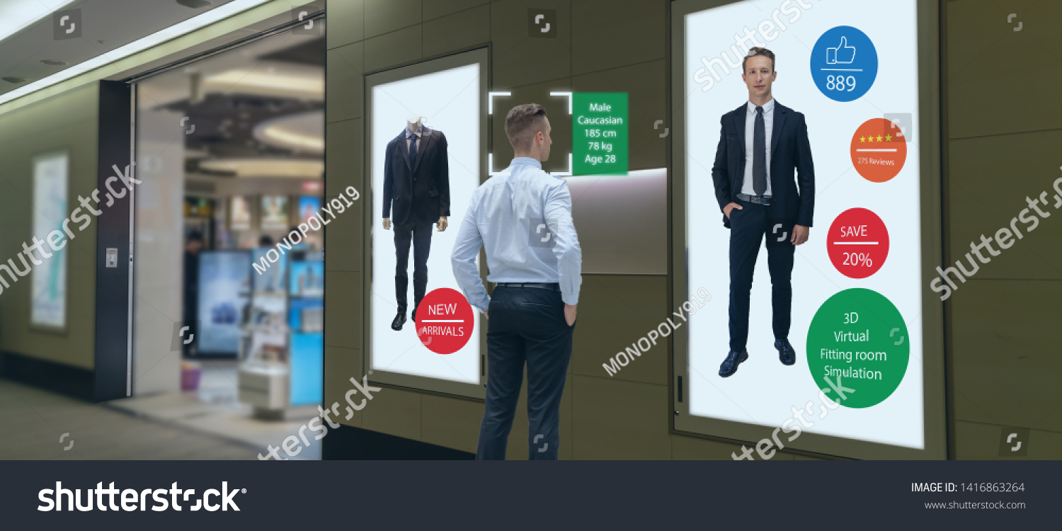 iot machine learning with human , object recognition which use artificial intelligence to analytic concept, it invents to prediction the customer needed with augmented reality on the digital Signage #1416863264