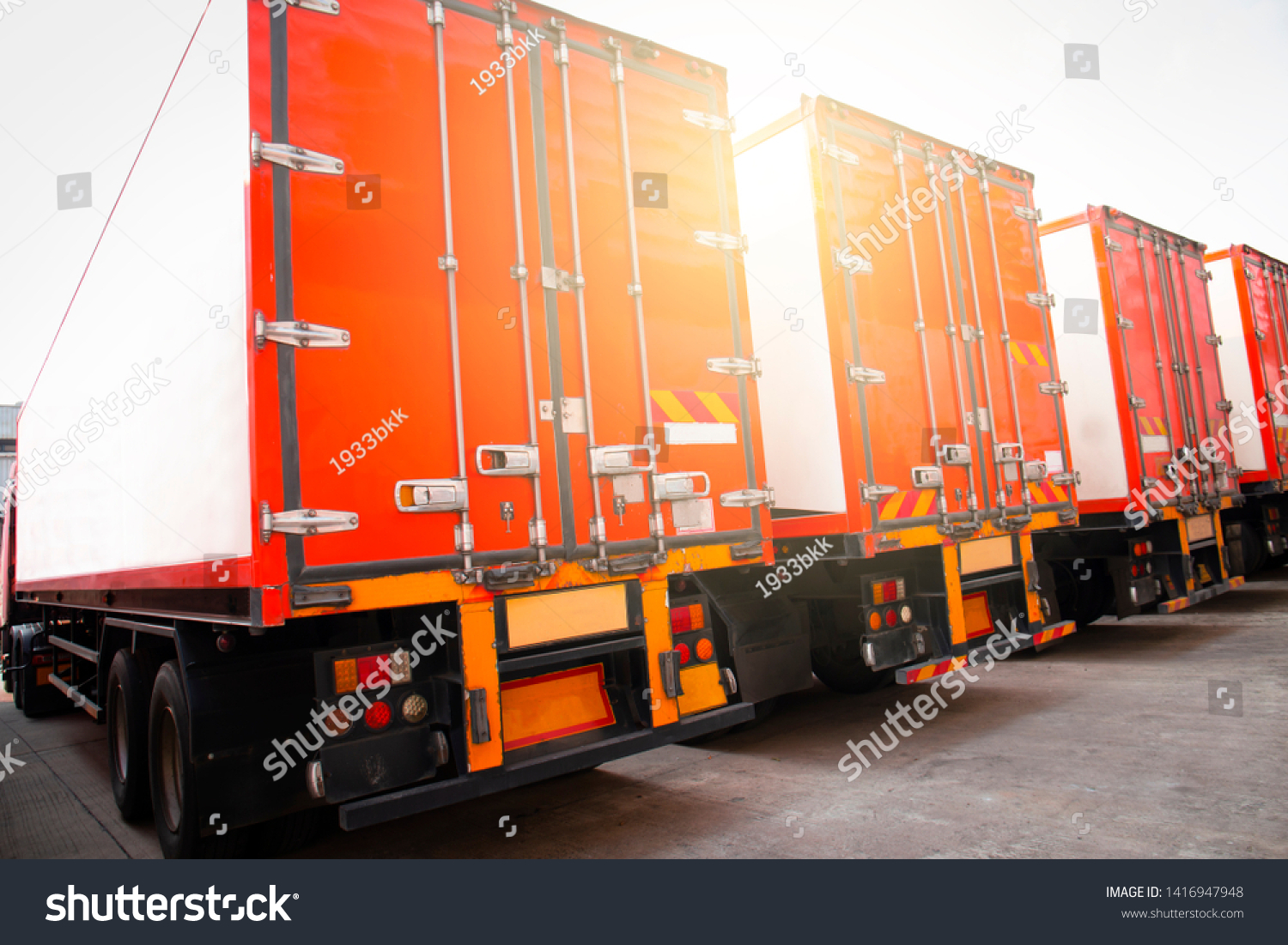 truck container, semi truck trailer modern parking at warehouse, freight industry logistics transport. #1416947948